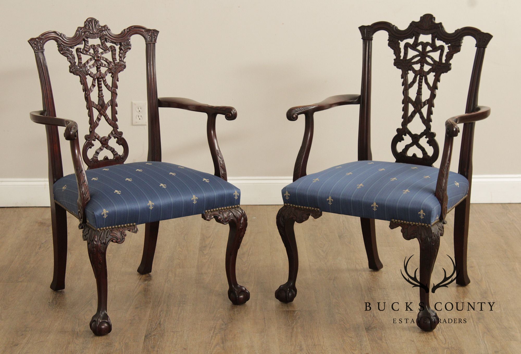 Chippendale Style Antique Pair of Ribbon Carved Mahogany Armchairs