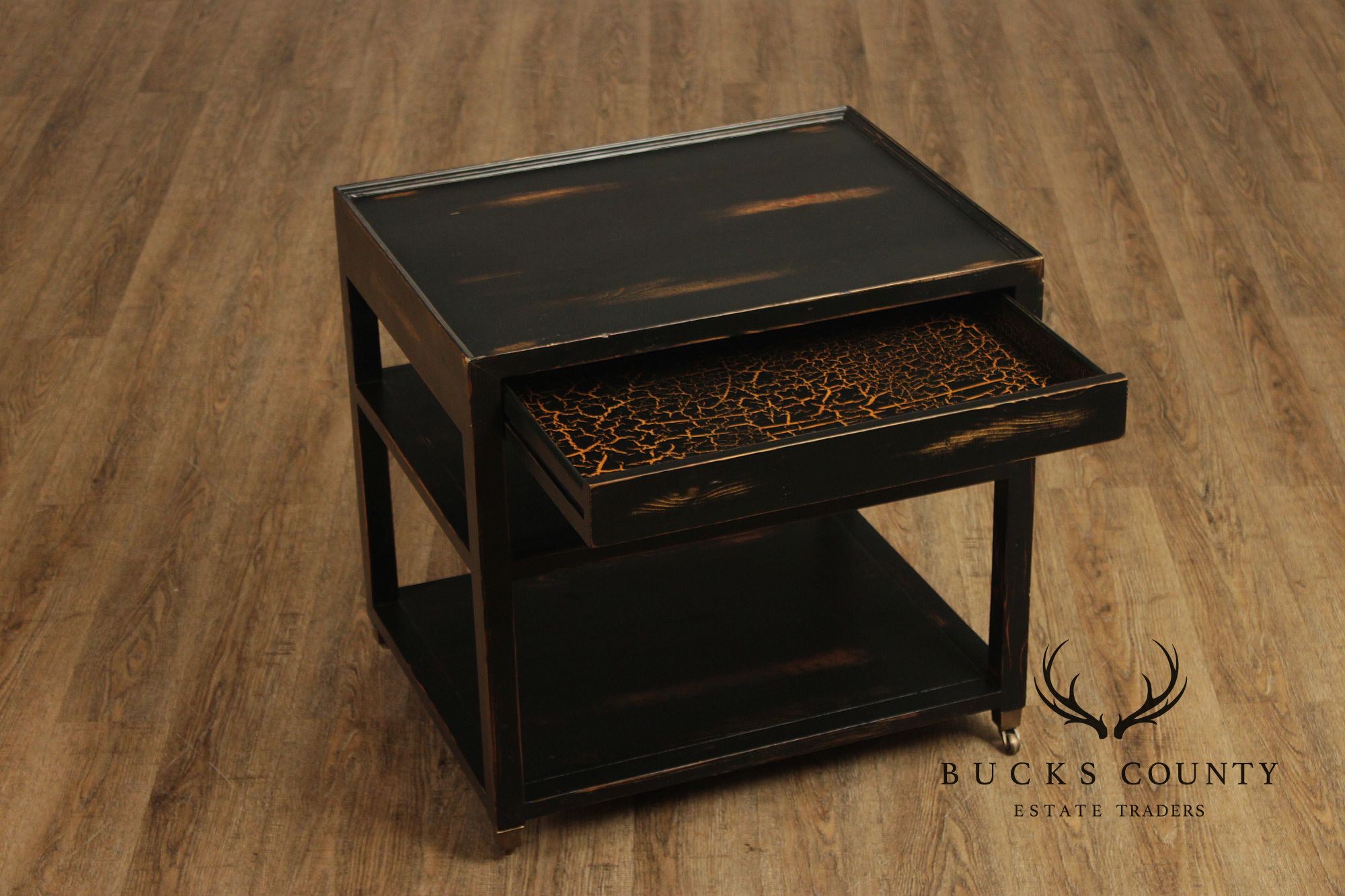 Industrial Style Pair of Ebonized Rolling End Tables