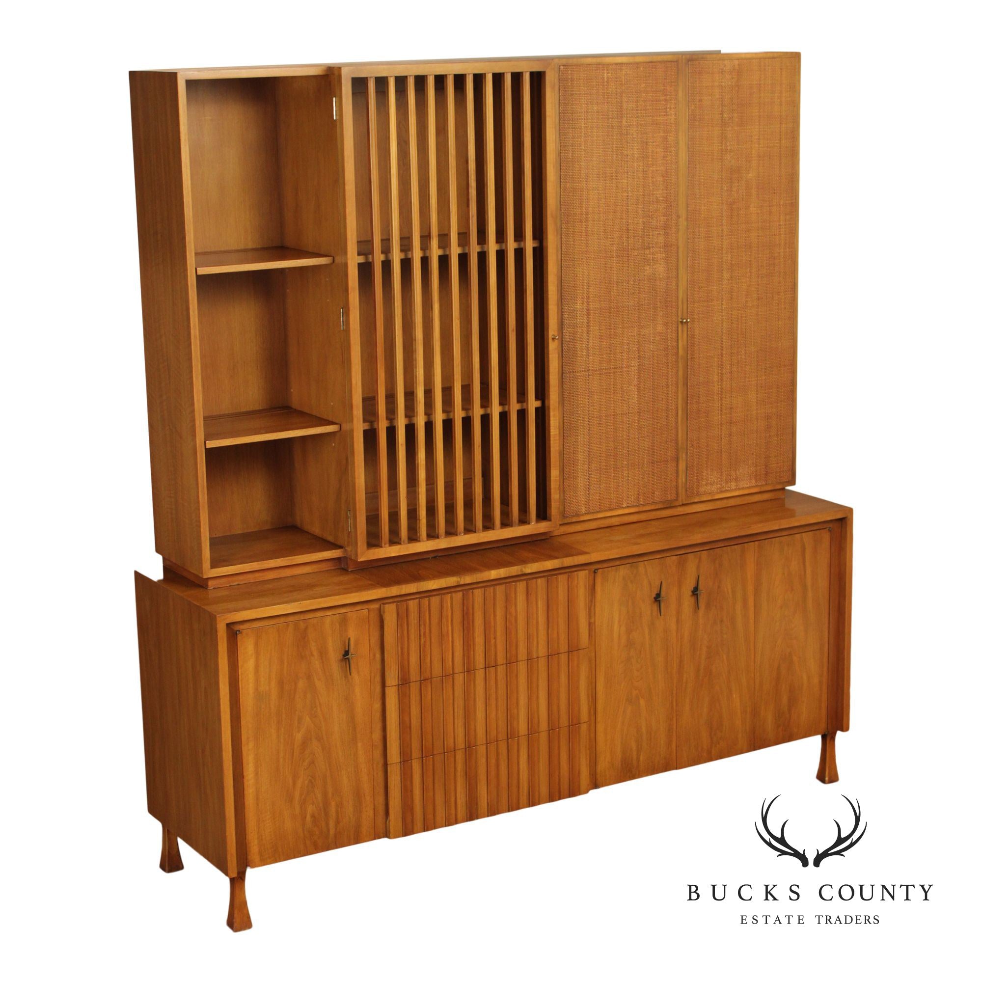 John Widdicomb Mid-Century Modern Walnut Credenza Bookcase Cabinet