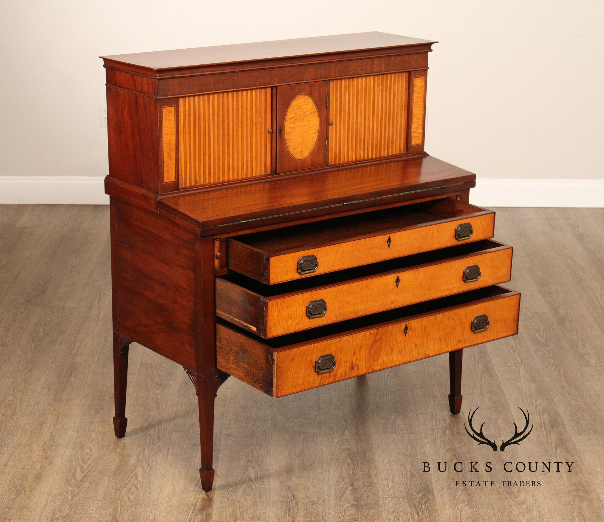 Federal Style Inlaid Mahogany And Tiger Maple Tambour Door Writing Desk