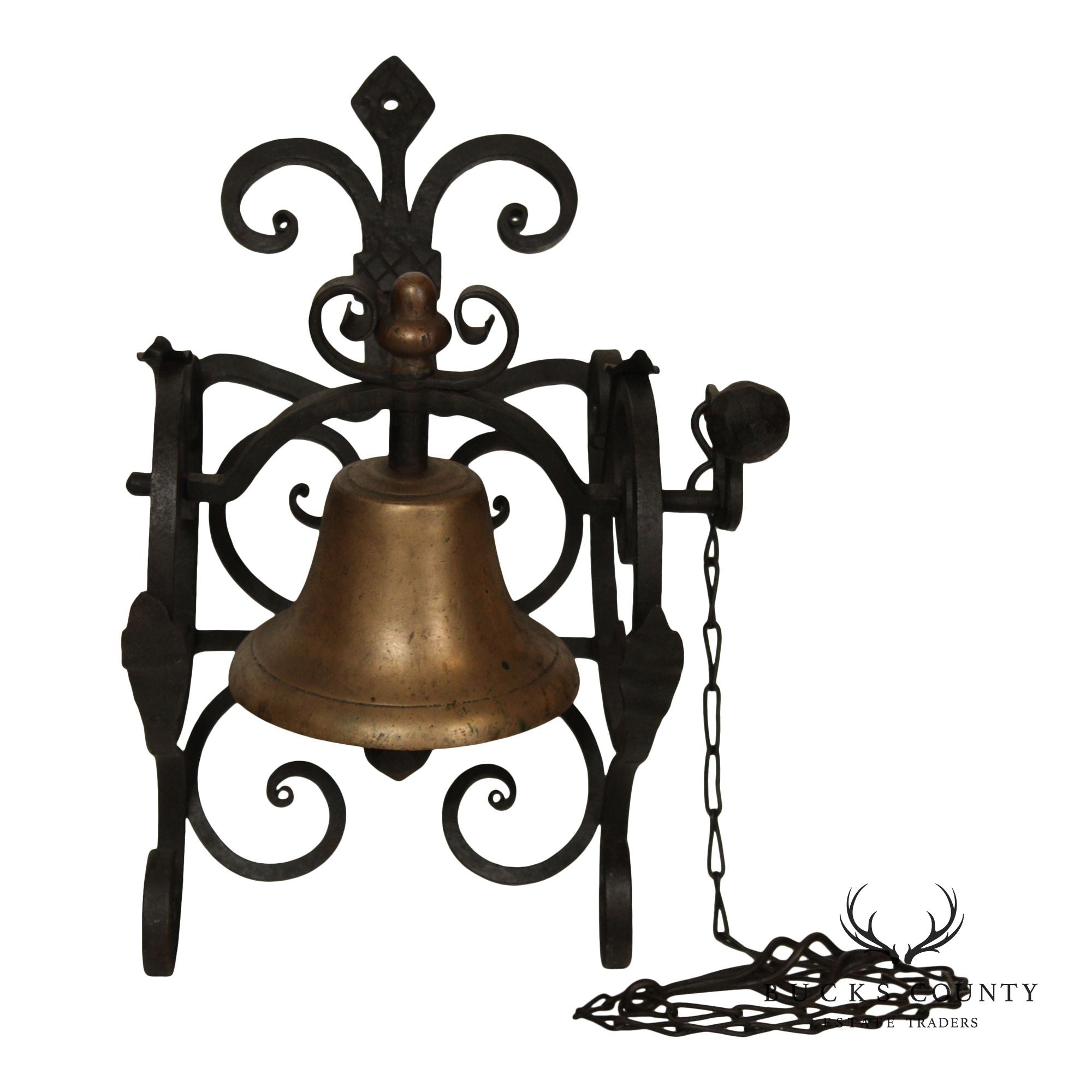 Antique Wrought Iron and Brass Wall-Mounted Bell