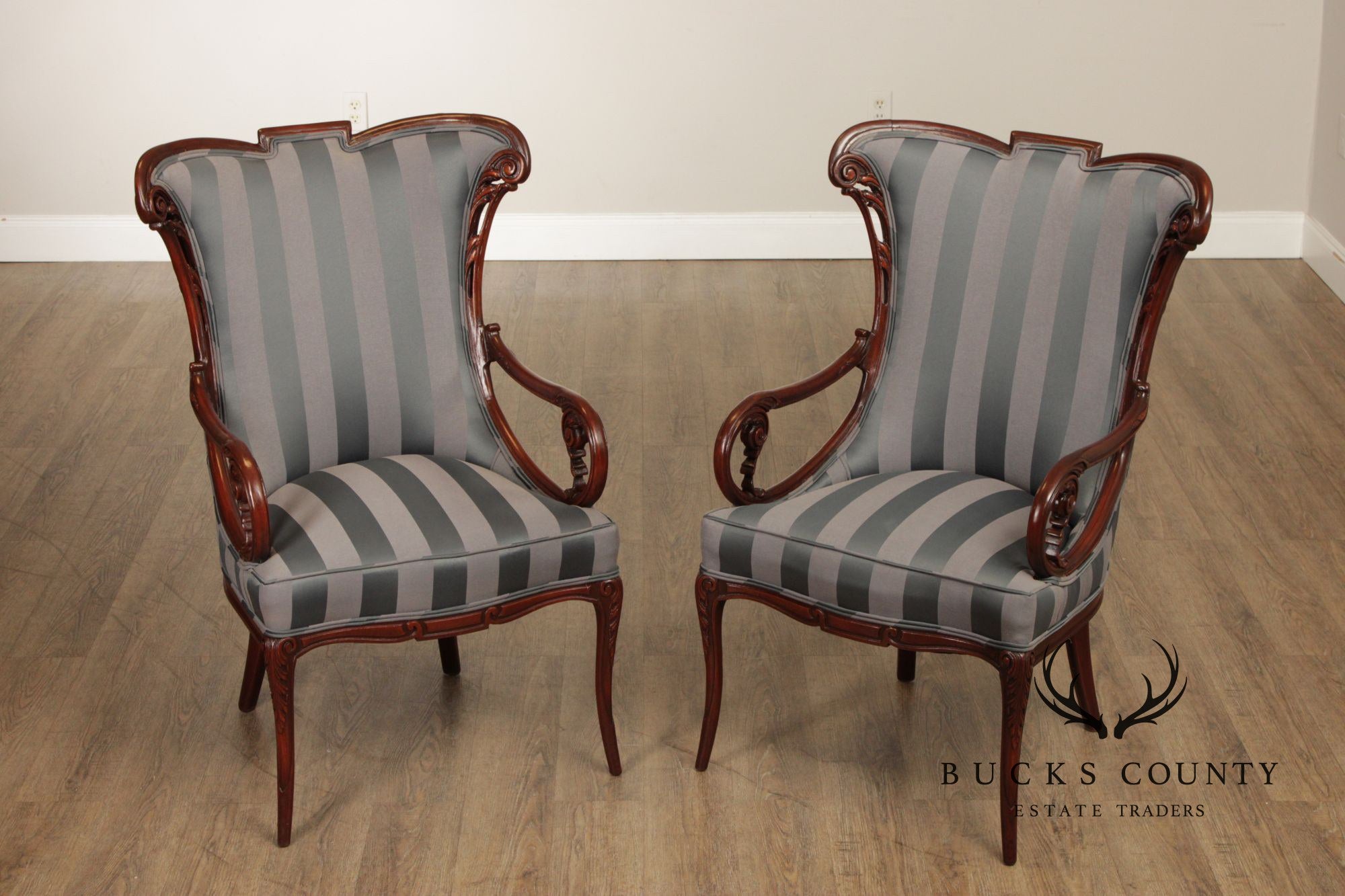 Pair Of Louis XV Style Carved Mahogany Upholstered Armchairs