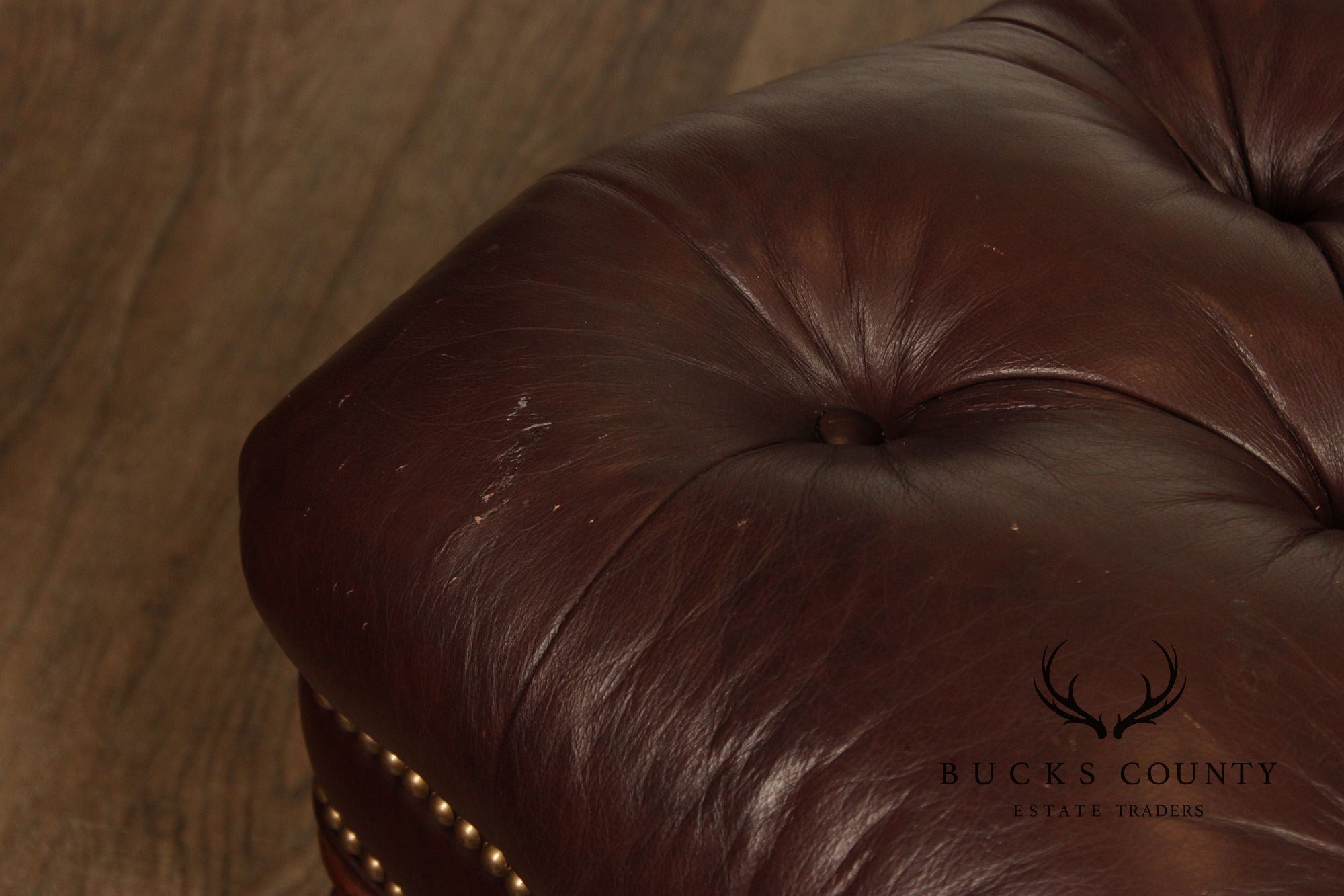 English Regency Style Tufted Leather Cocktail Ottoman On Turned Legs