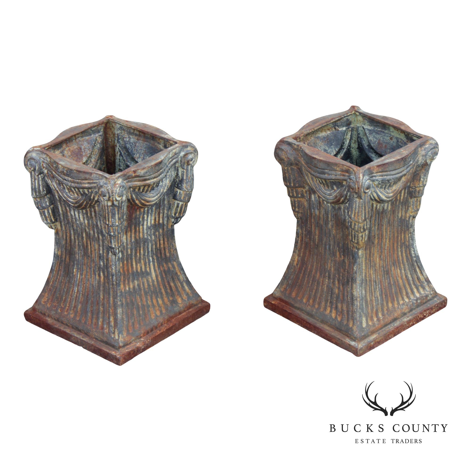 Neoclassical Style Pair Of Cast Iron Garden Planters Or Pedestal Bases