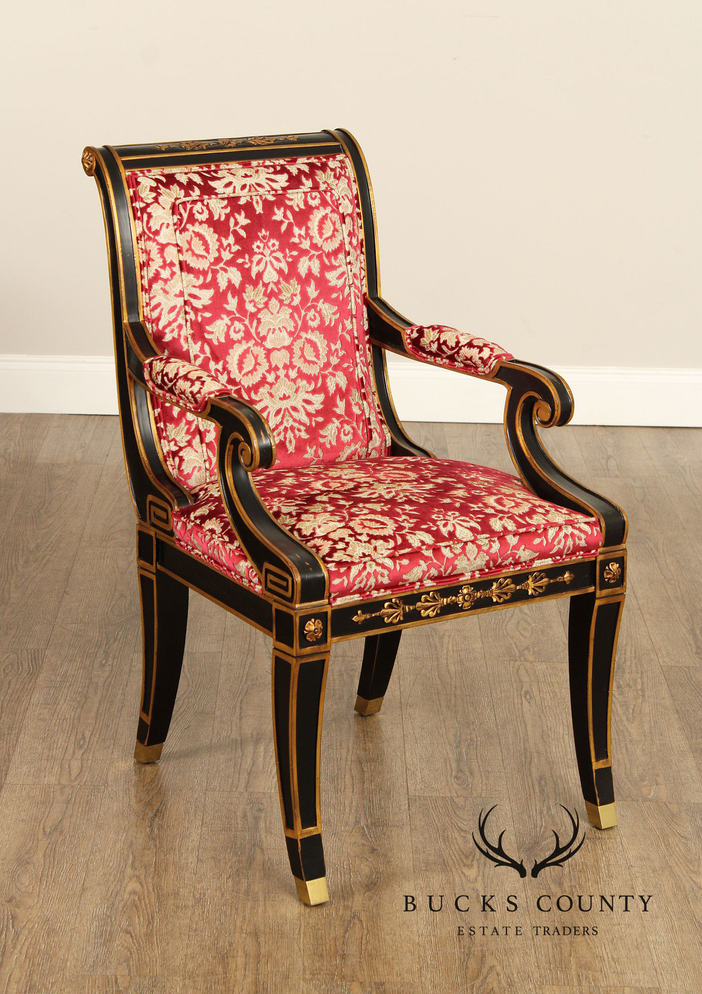 Karges Regency Style Ebonized and Partial Gilt Armchair