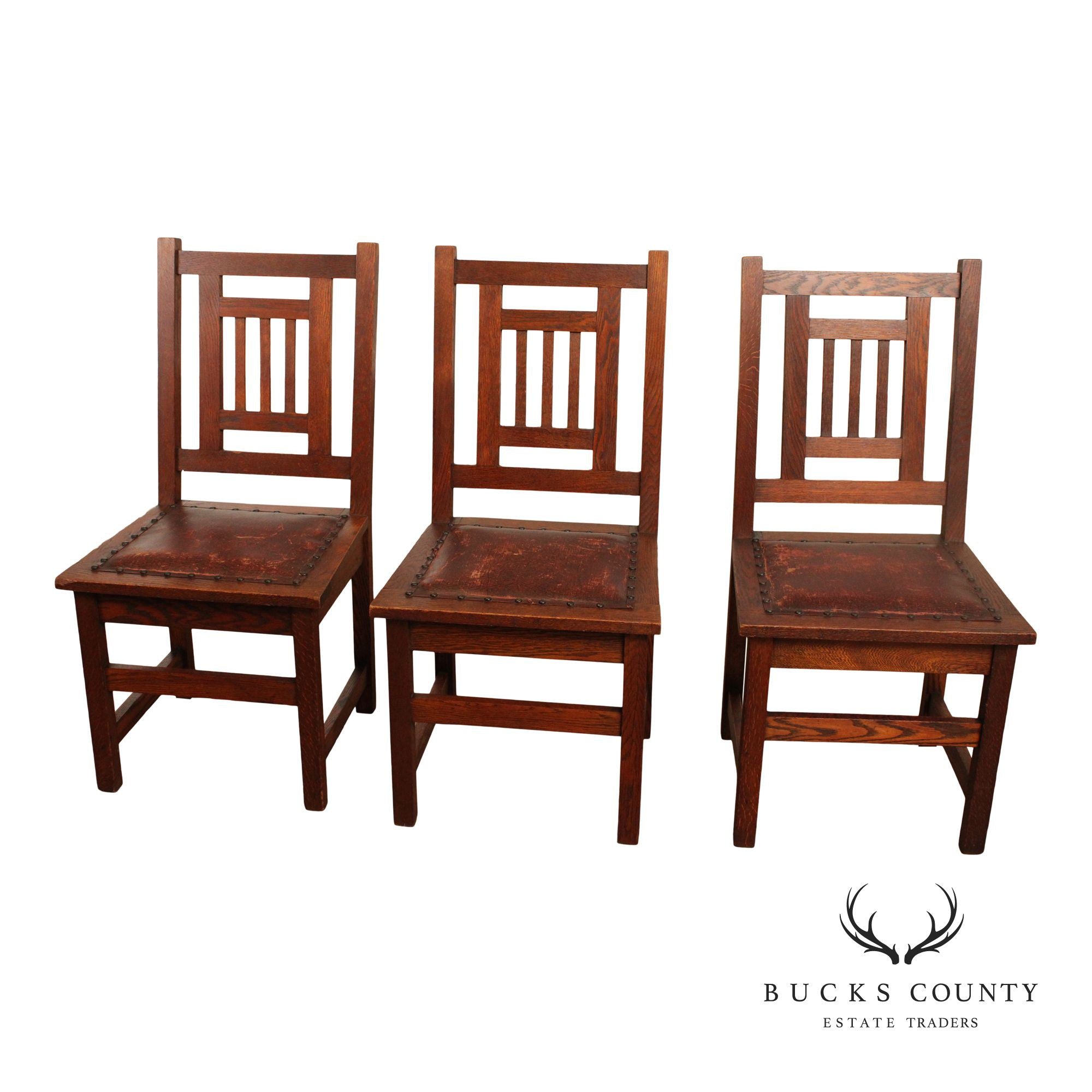 Antique American Arts & Crafts Mission Set Of 3 Oak Side Chairs