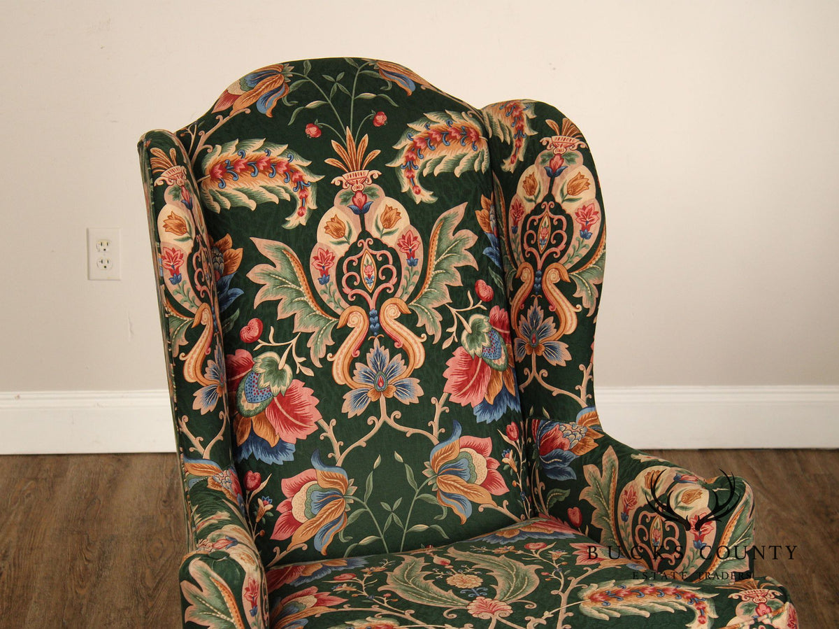Ethan Allen Floral Upholstered Chippendale Style Wingback Chair