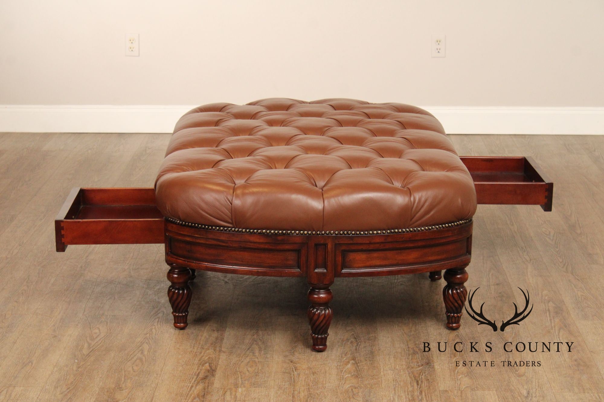 CTH Sherrill Occasional English Regency Style Tufted Leather Ottoman