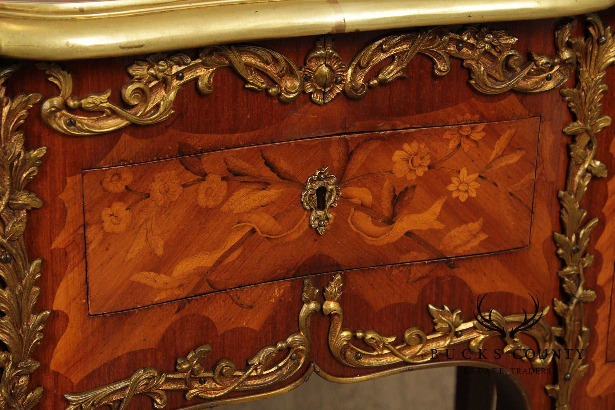 French Louis XV Style Marquetry Inlaid Bronze Mounted Knee Hole Desk