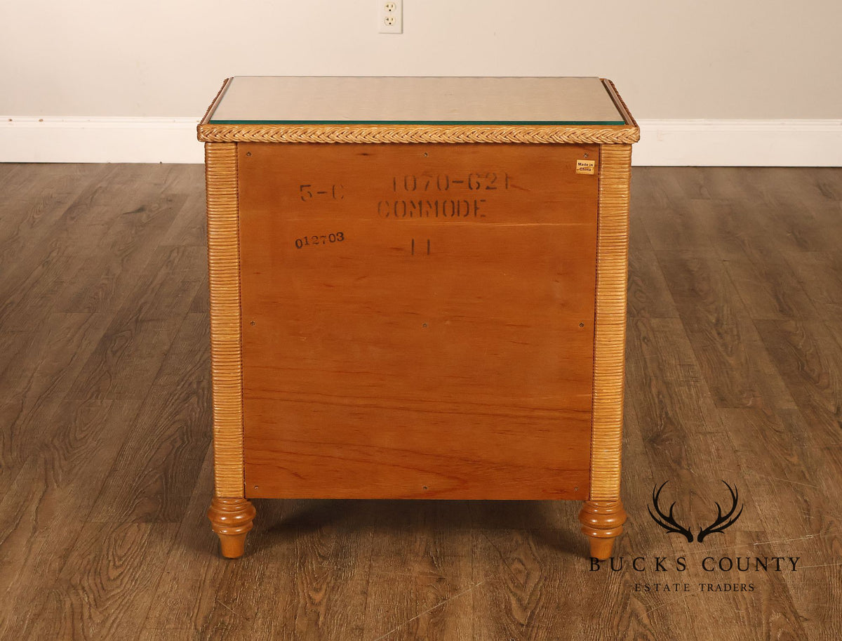 Coastal Style Pair Of Wicker And Cane Two Drawer Nightstands With Glass Tops