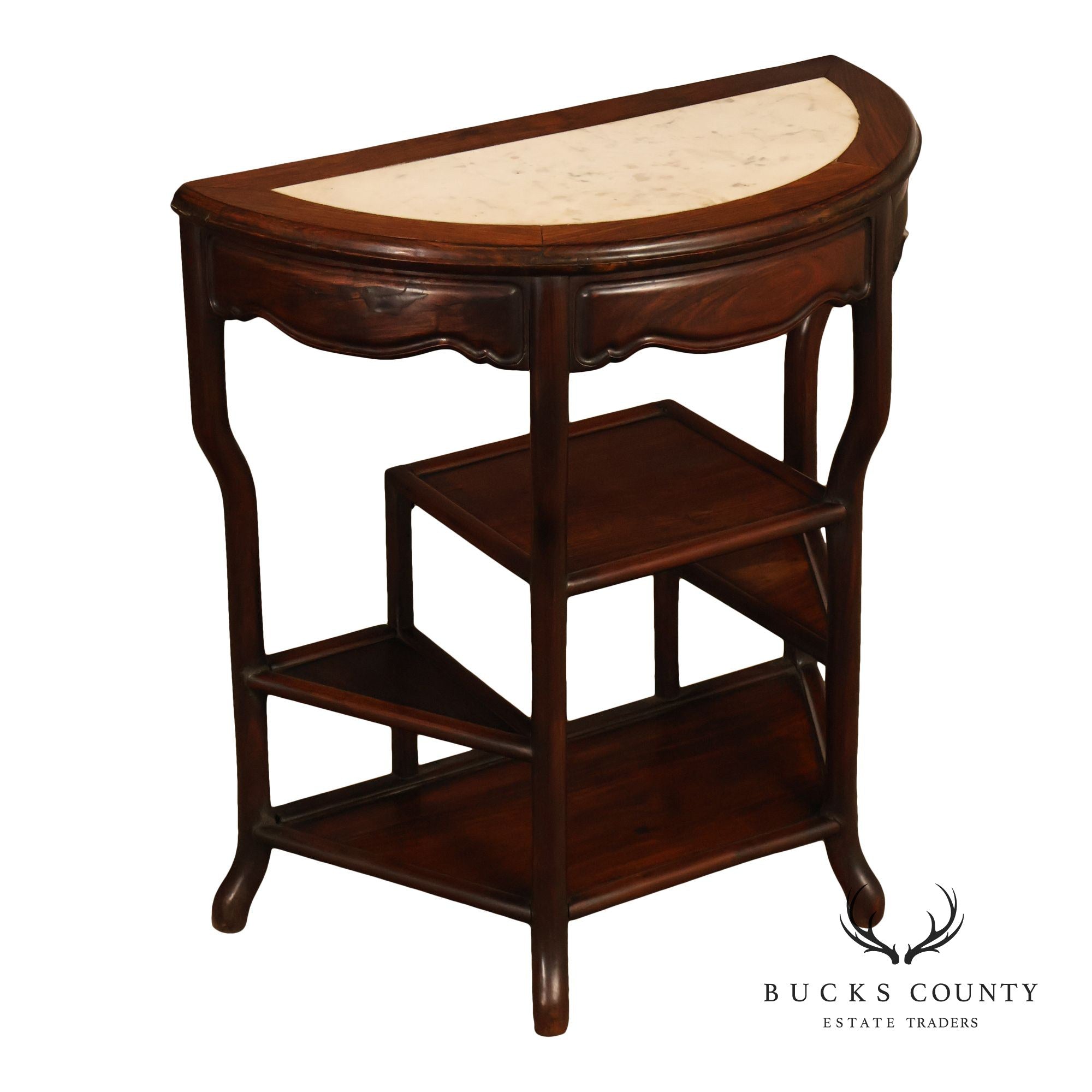 Asian Style Demilune Marble Top Side Table With Tiered Shelves