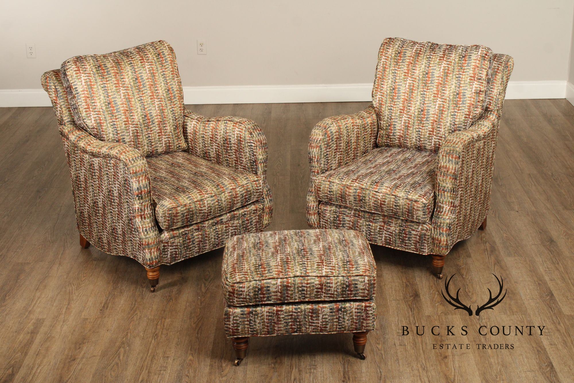 English Regency Style Modern Pair Of Lounge Chairs With Ottoman