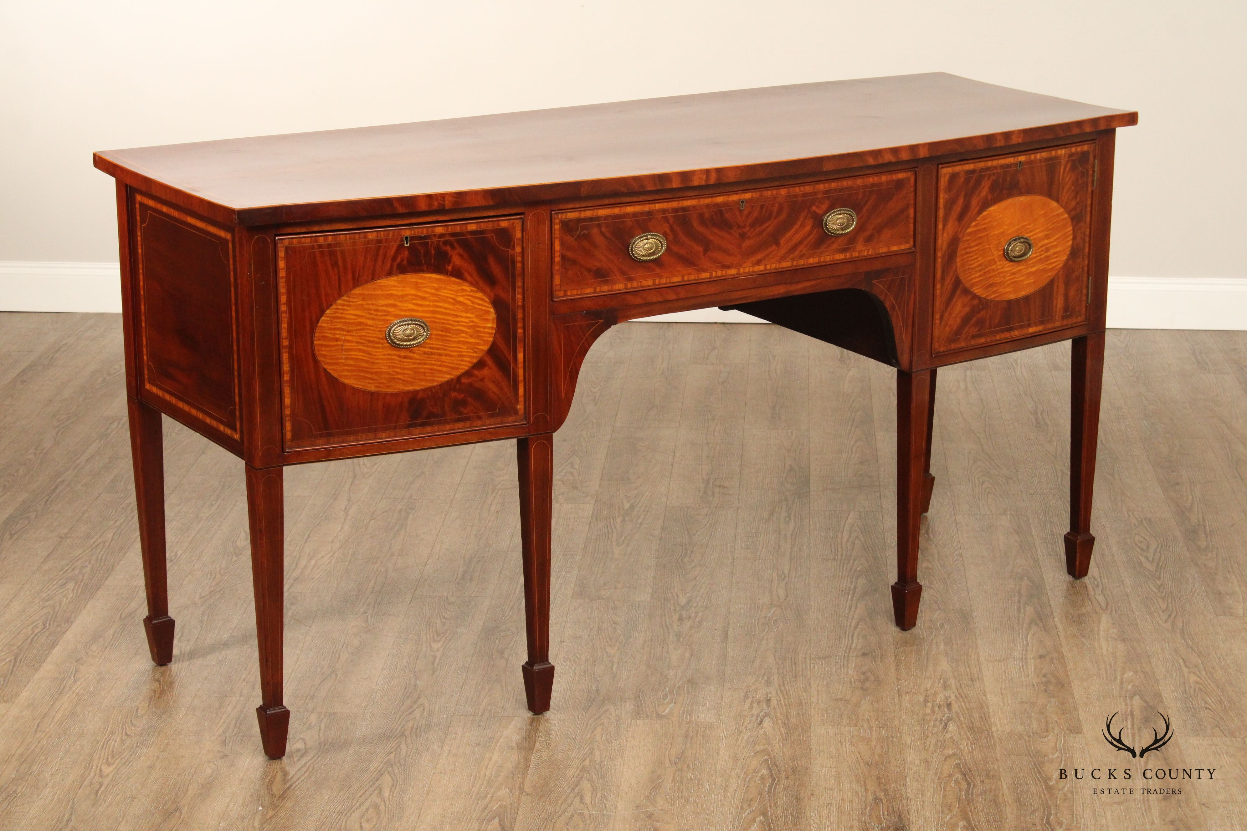 Antique English Federal Inlaid Mahogany Bowfront Sideboard