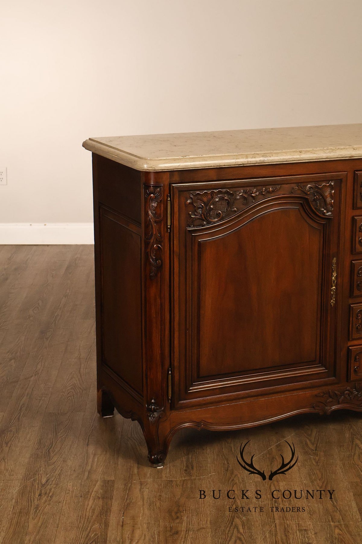French Louis XV Style Carved Walnut Marble Top Sideboard