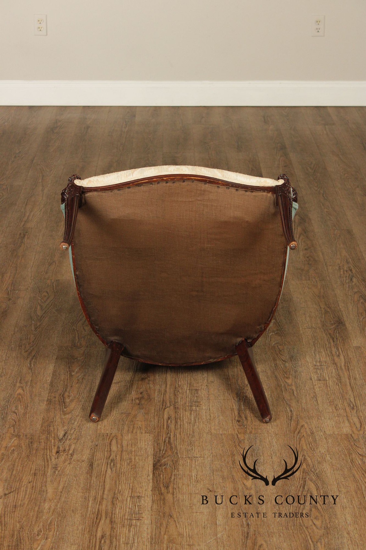 Vintage Mahogany Carved Fireside Armchair With Two-Tone Upholstery