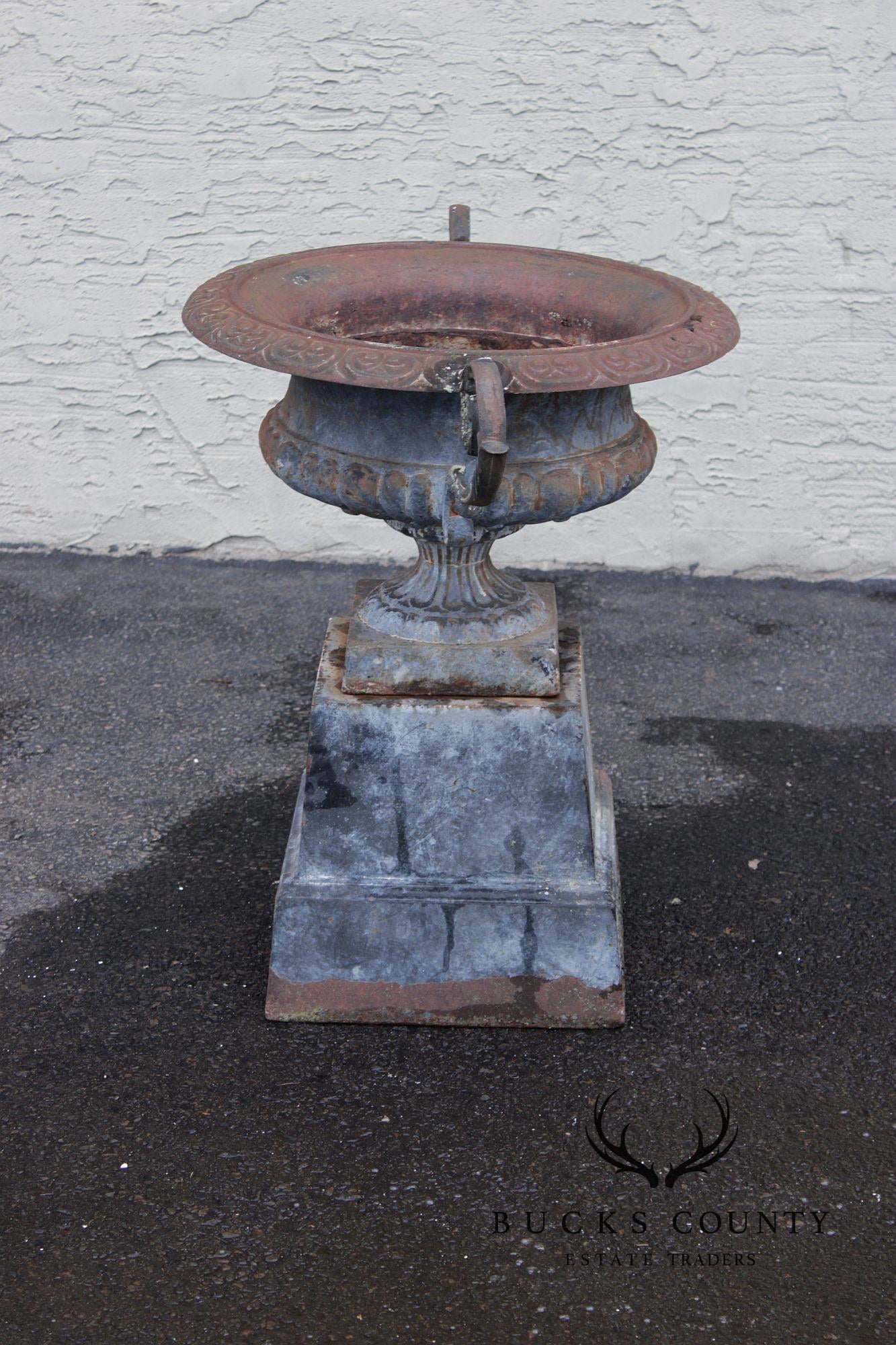 Vintage Cast Iron Neoclassical Garden Urn On Pedestal