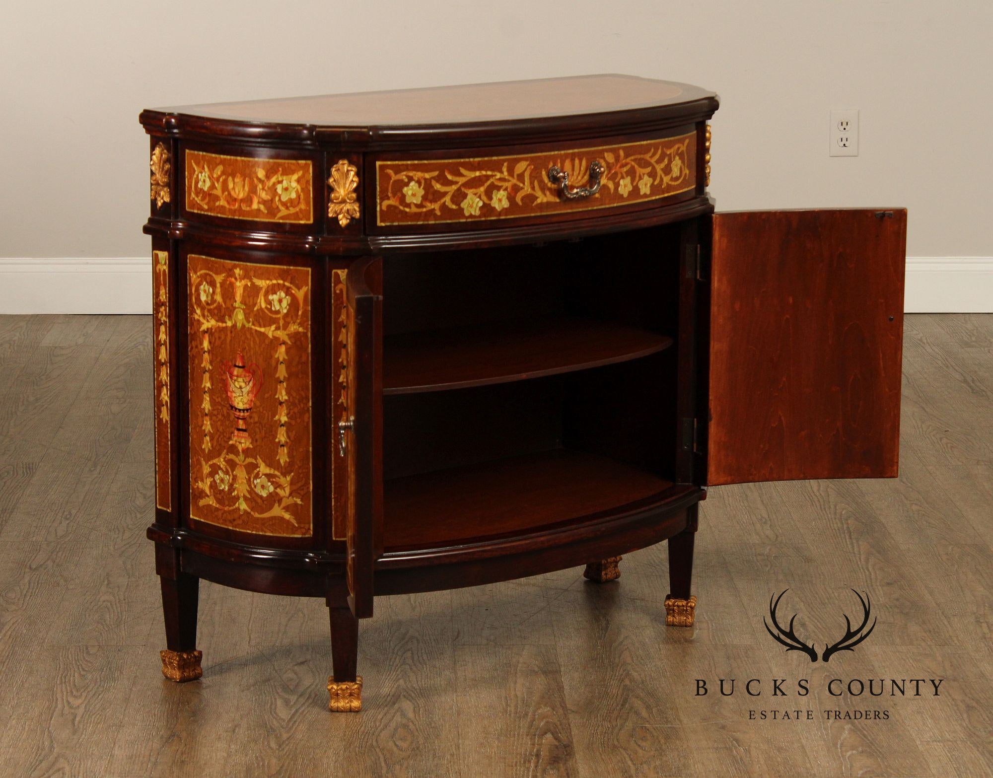 Italian Neoclassical Style Pair of Marquetry Demilune Commodes