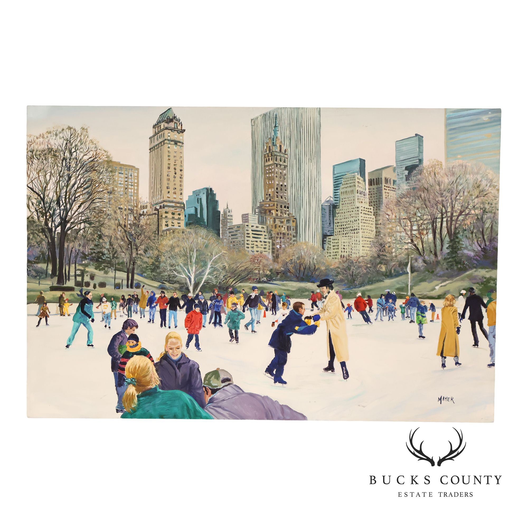 Ruth Mayer Central Park Ice Skating Landscape Original Oil Painting On Canvas