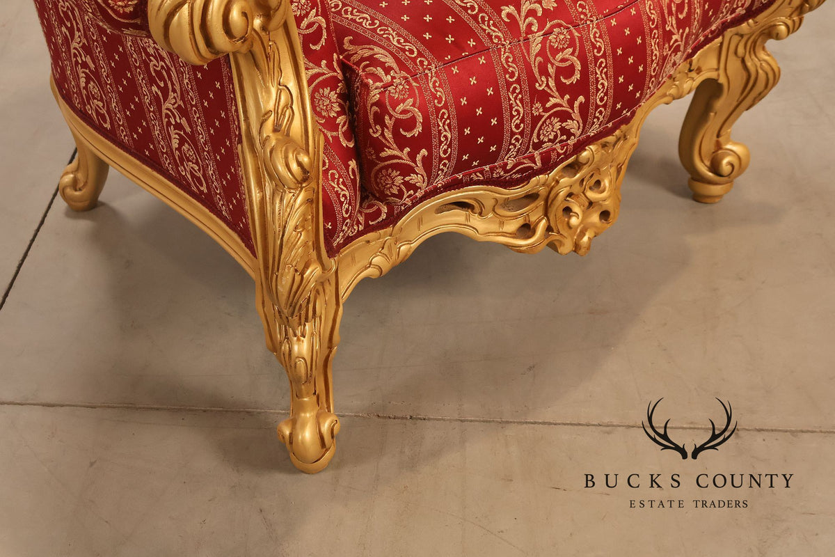 Baroque Style Pair Of Giltwood Armchairs With Red Damask Upholstery