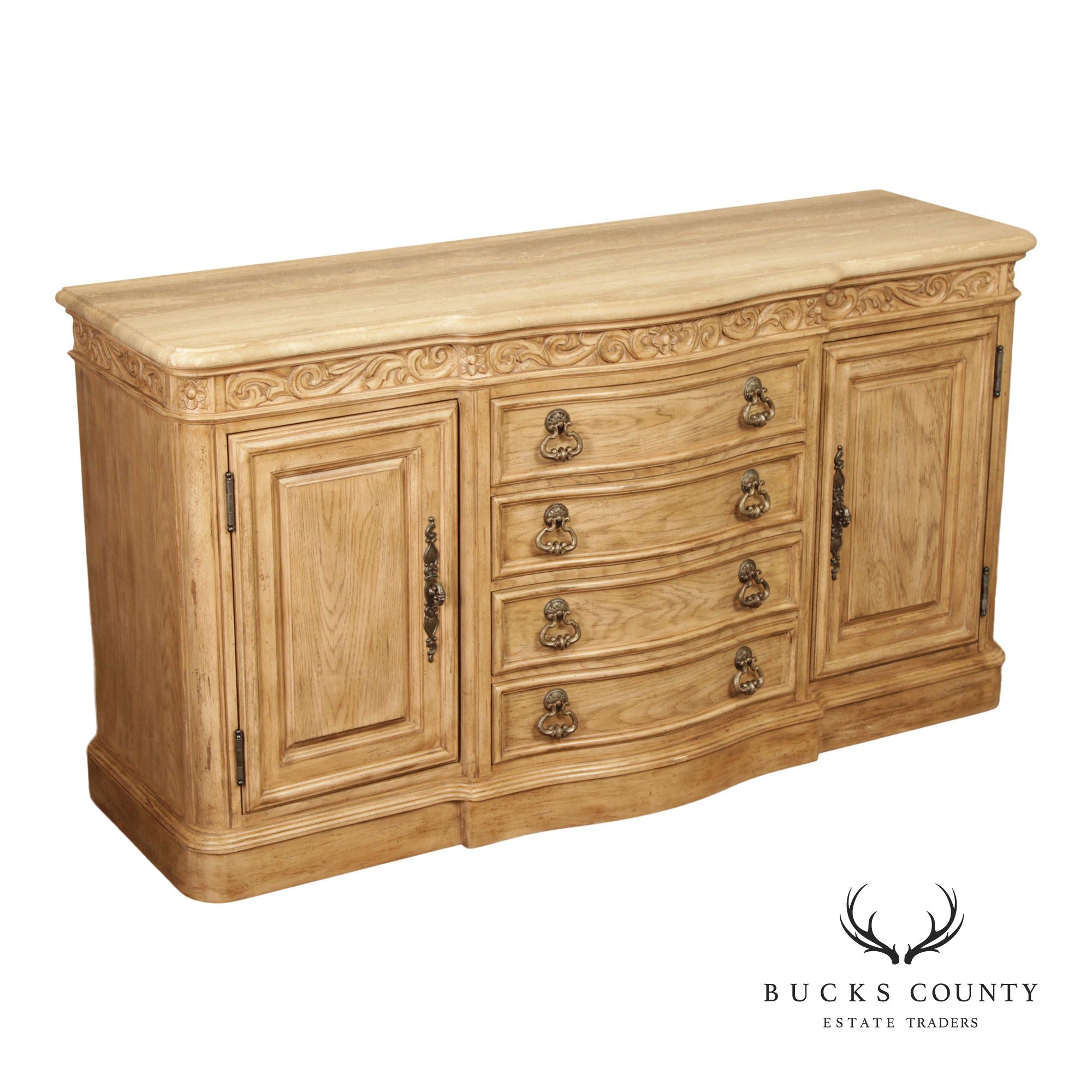 Bernhardt Tuscan Style Carved Cerused Oak Sideboard With Travertine Top