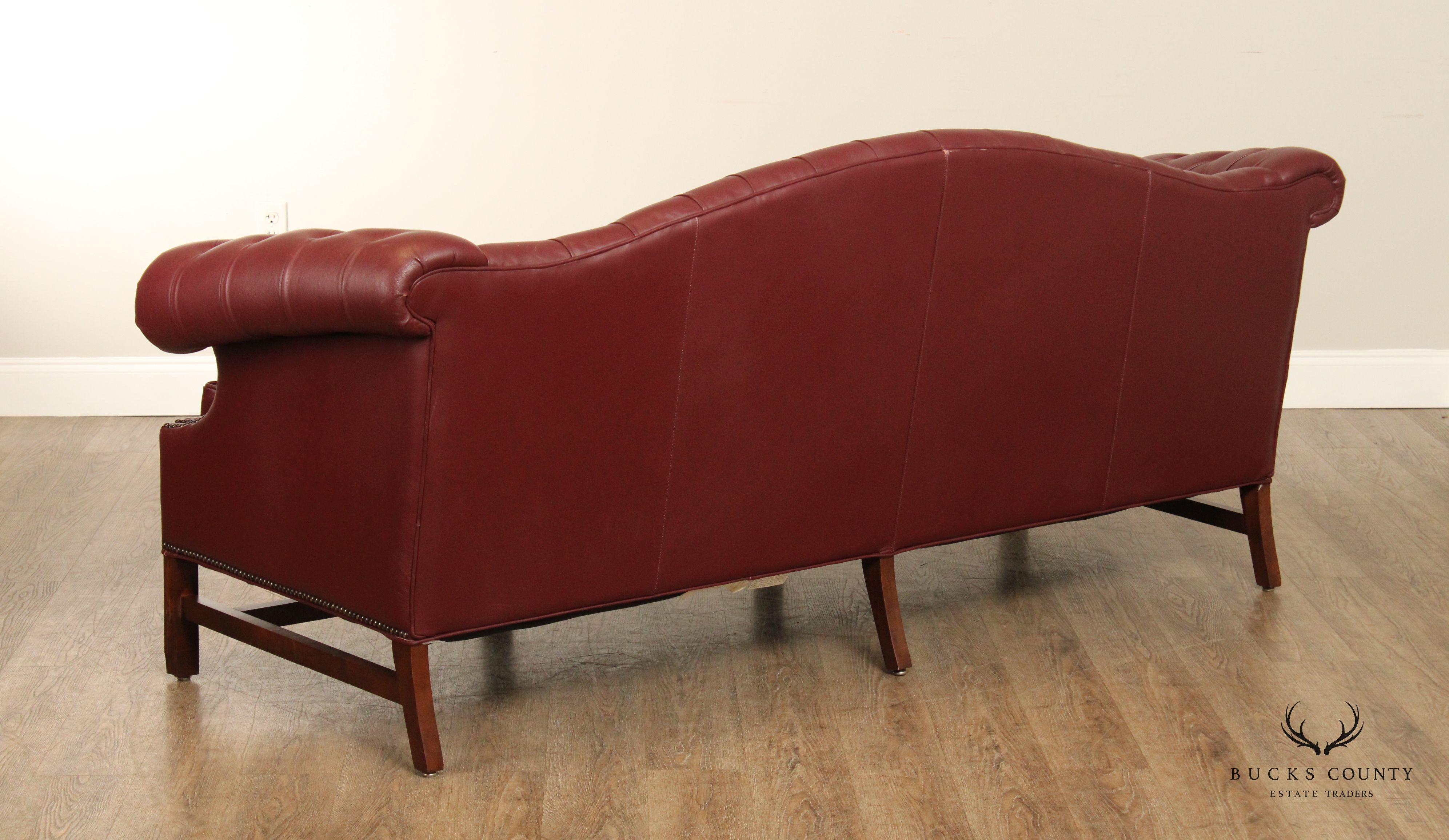 Chippendale Chesterfield Style Tufted Leather Camelback Sofa