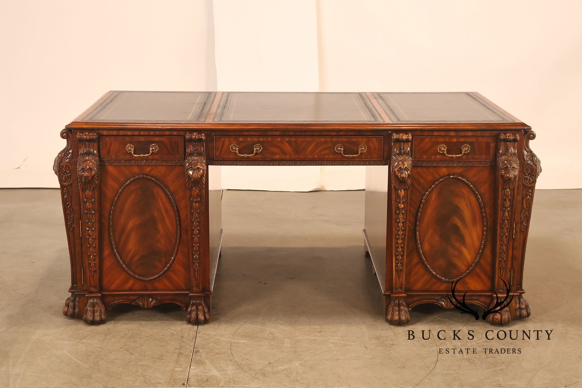 Maitland-Smith Carved Mahogany Leather Top Executive Partner's Desk
