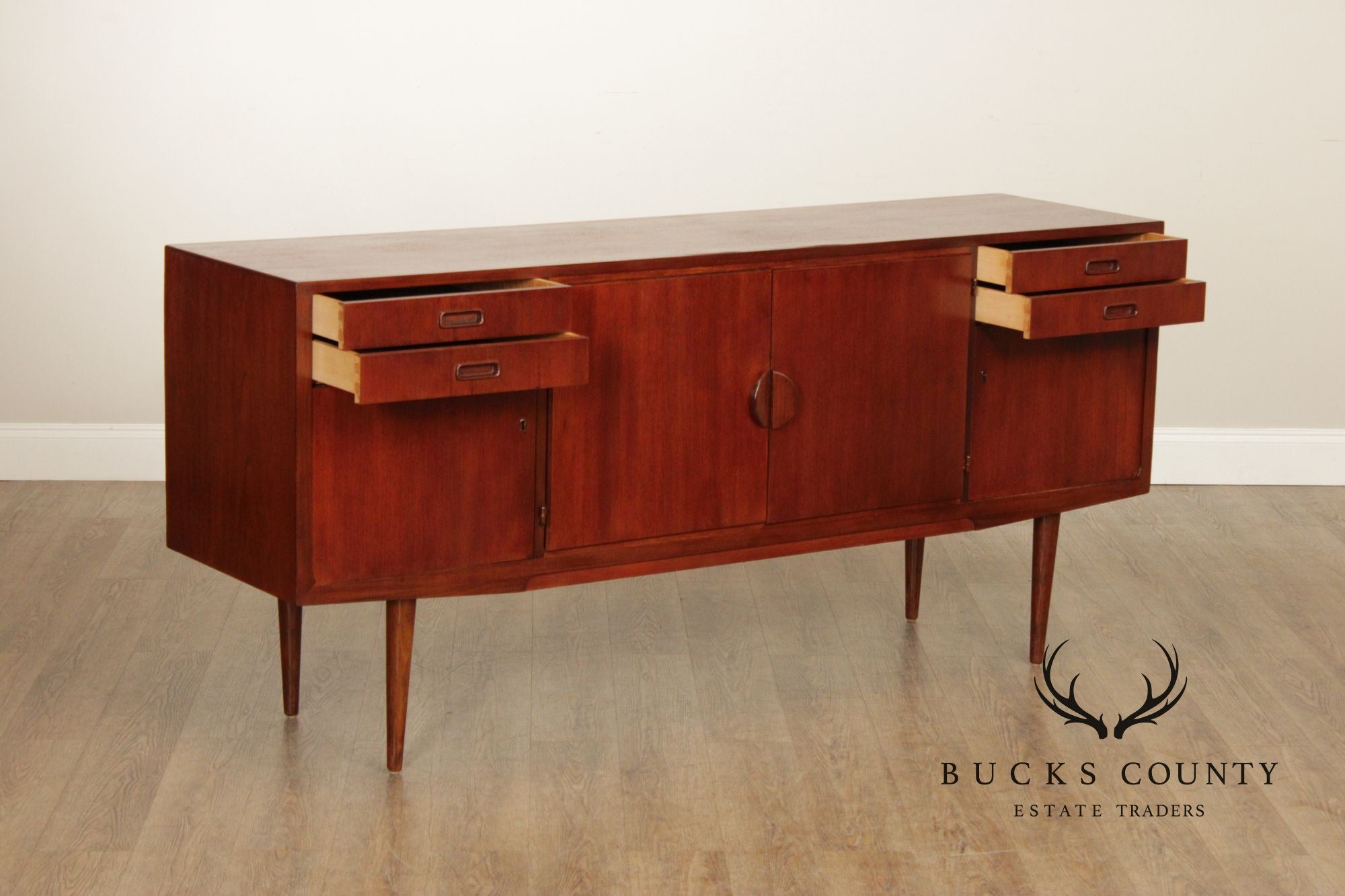 Mid-Century Danish Style Teak Credenza Sideboard With Inset Pulls