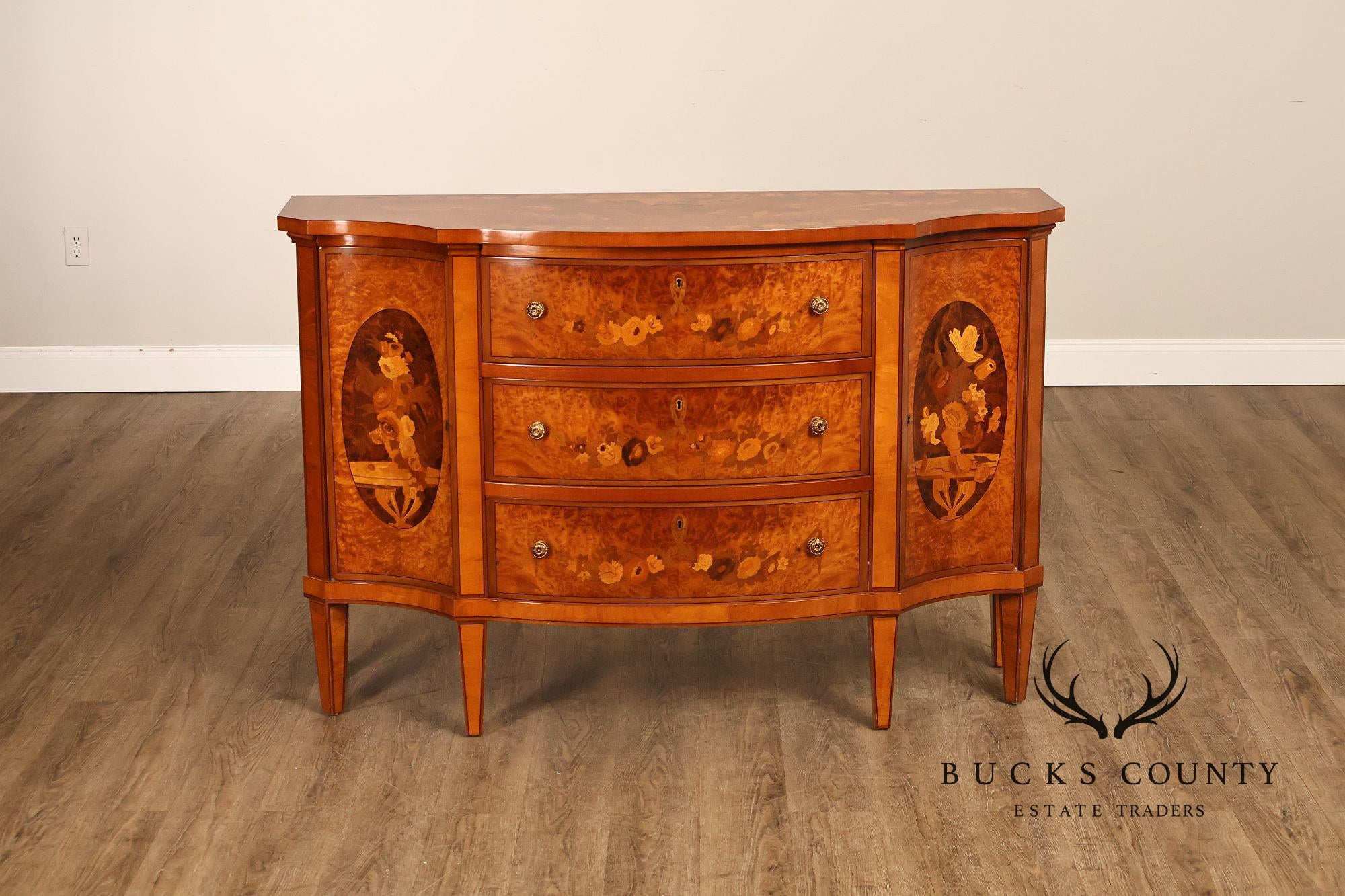 Italian Neoclassical Style Pair of Burl Wood Inlaid Sideboards