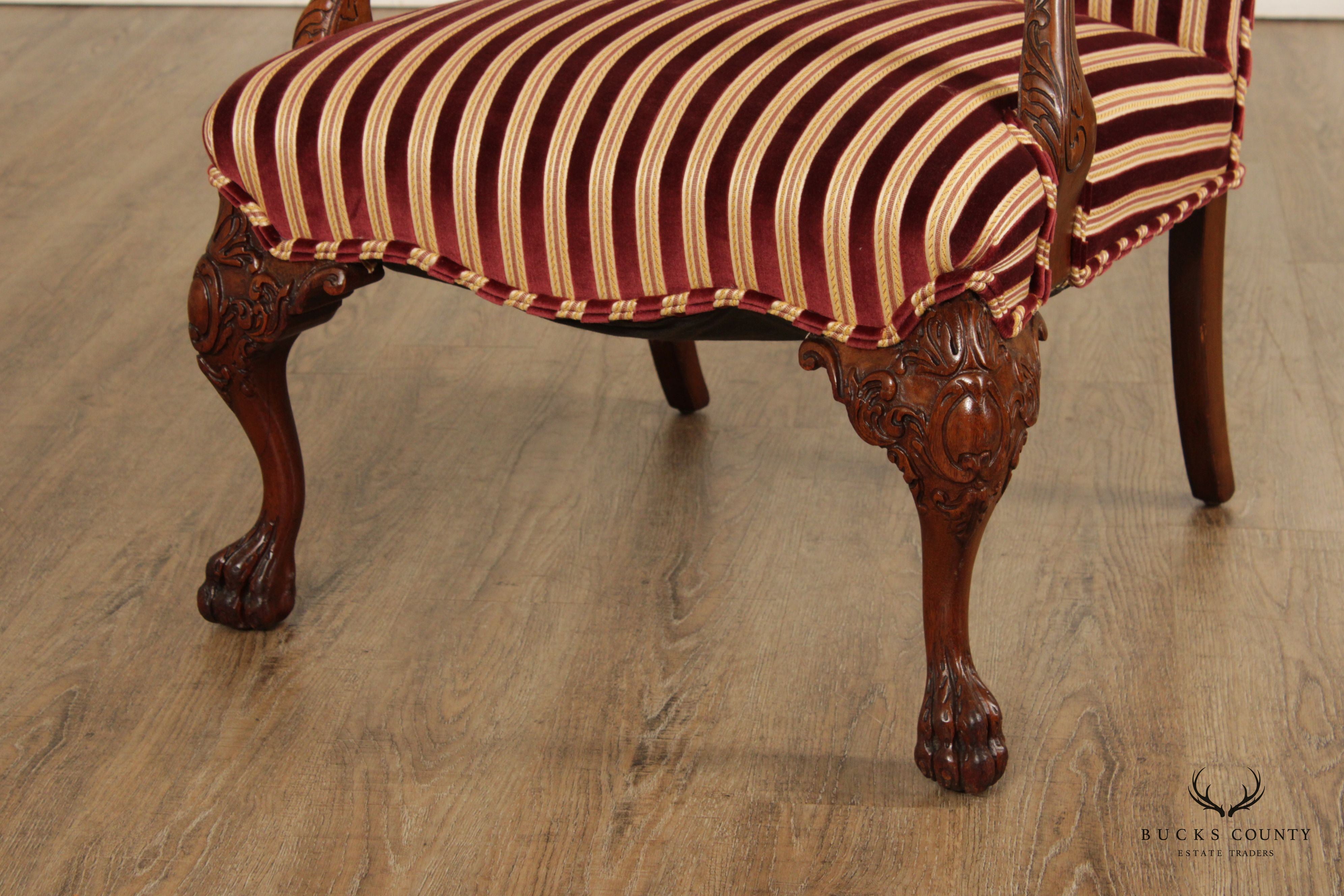 Georgian Style Carved Mahogany Paw Foot Fireplace Armchair