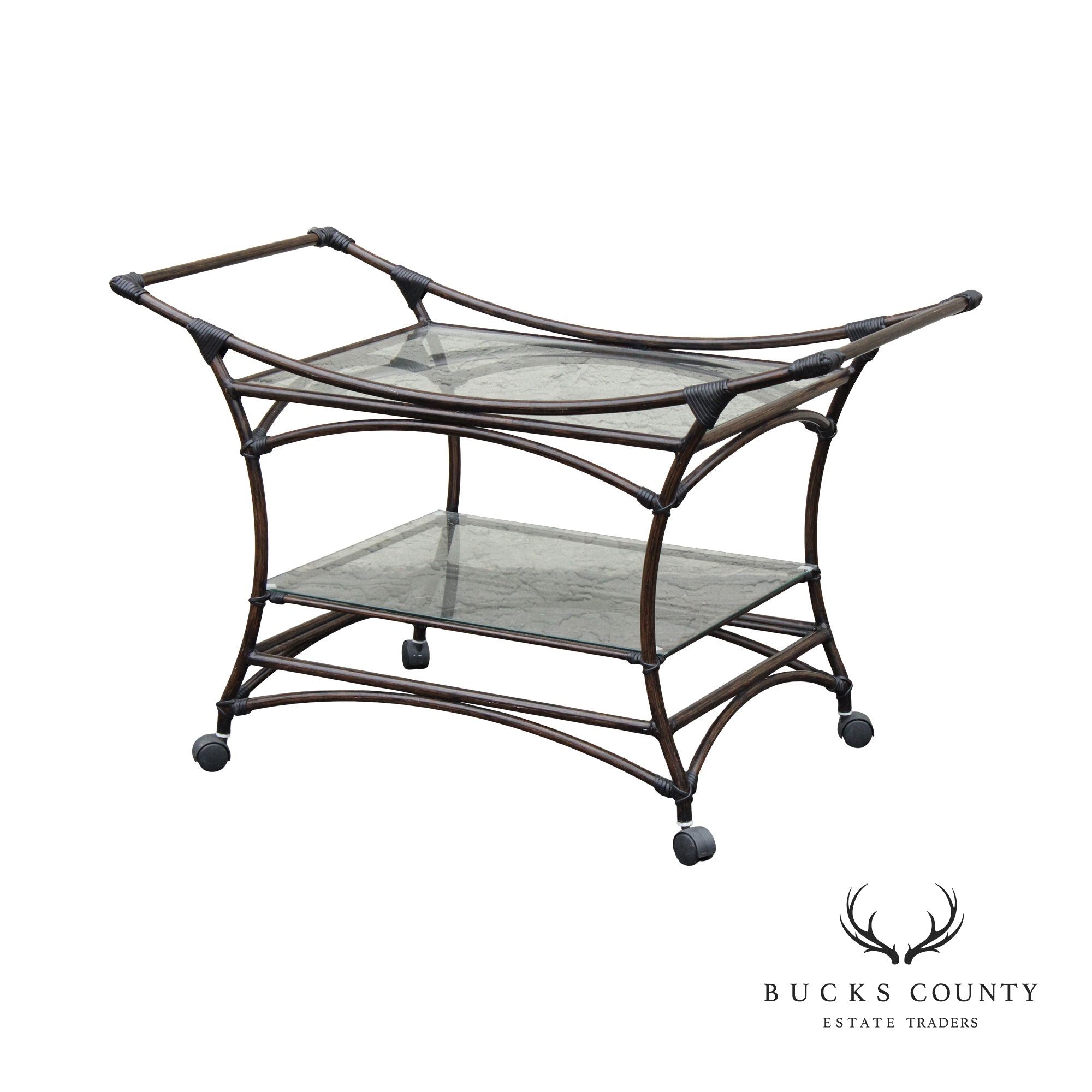 Contemporary Faux Rattan Rolling Bar Cart