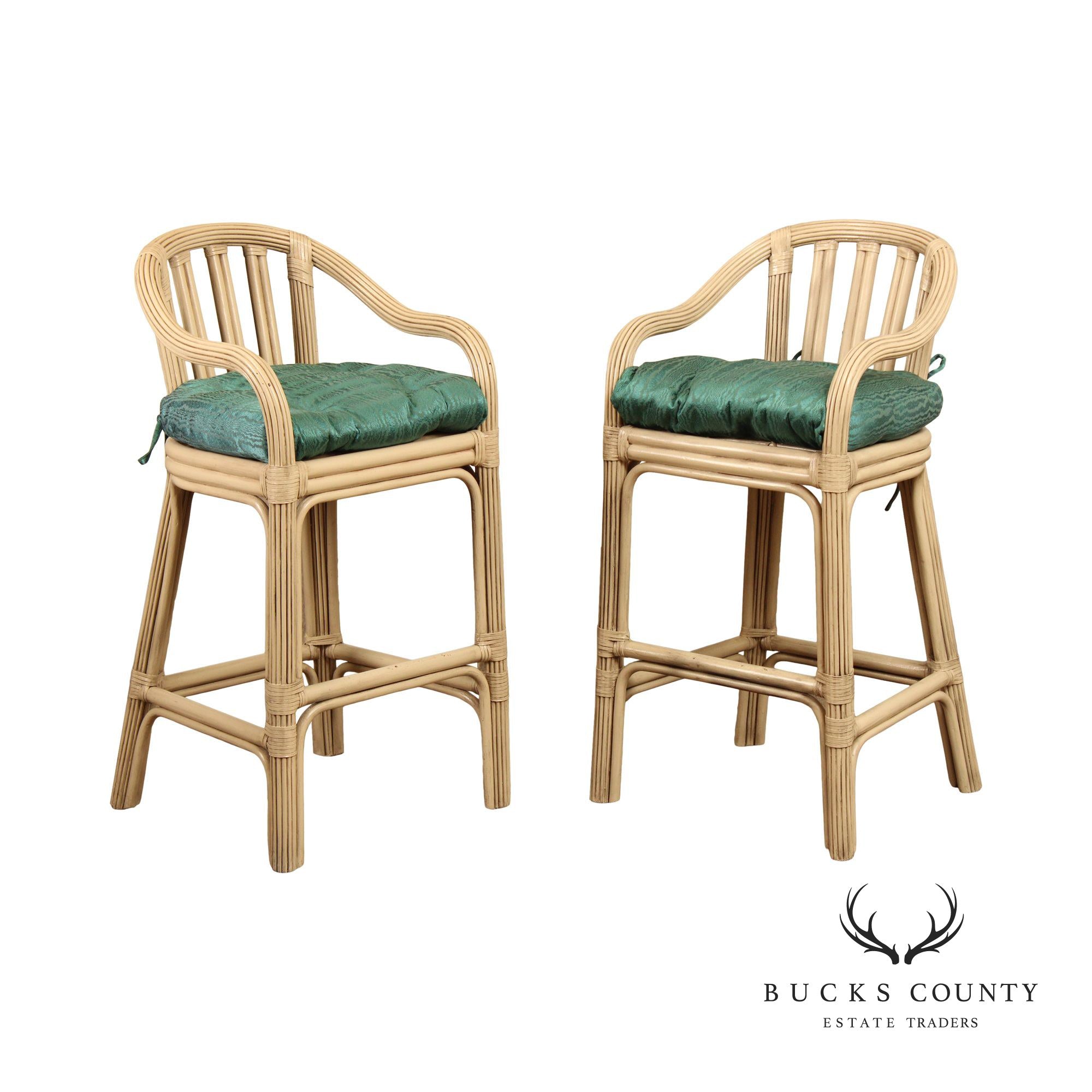 Hollywood Regency Style Pair of Rattan Bar Stools