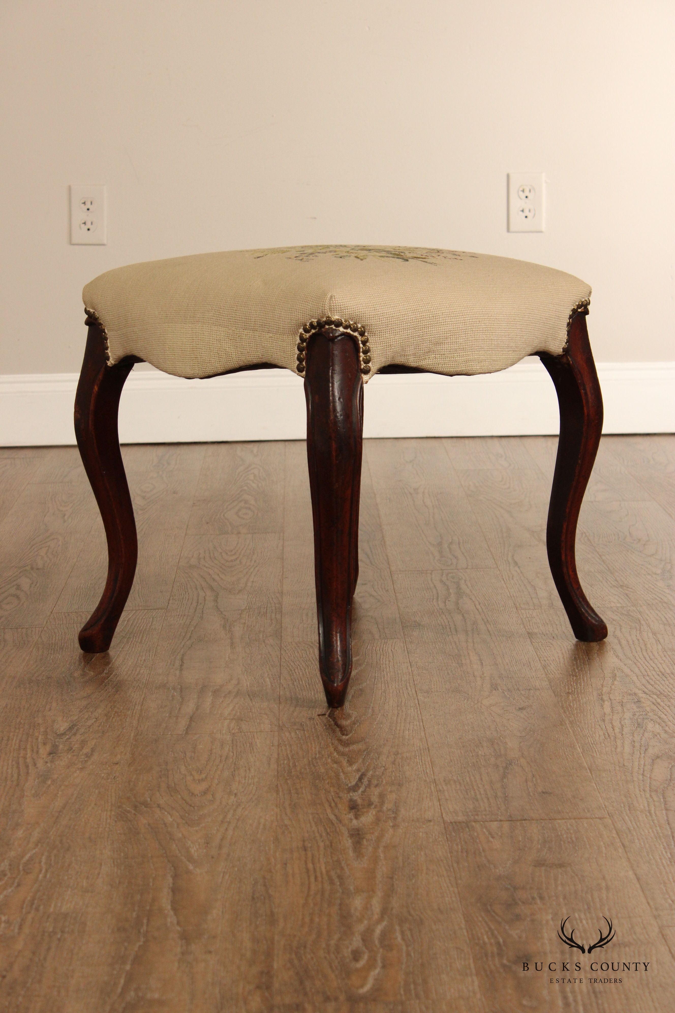 French Louis XV Style Needlepoint Foot Stool Ottoman