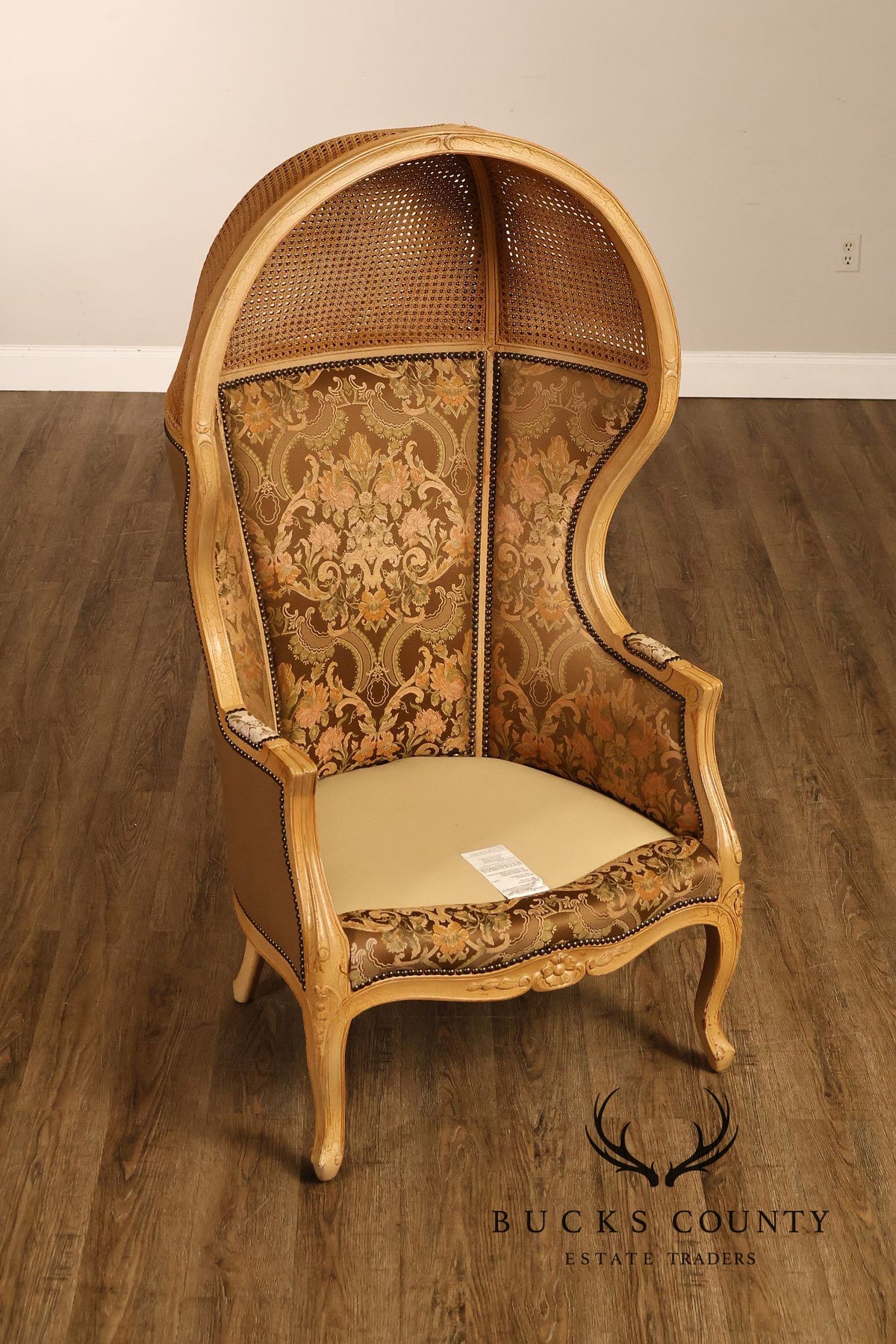 Old Hickory Tannery French Louis XV Style Pair Of Cane And Leather Hooded Porter Chairs