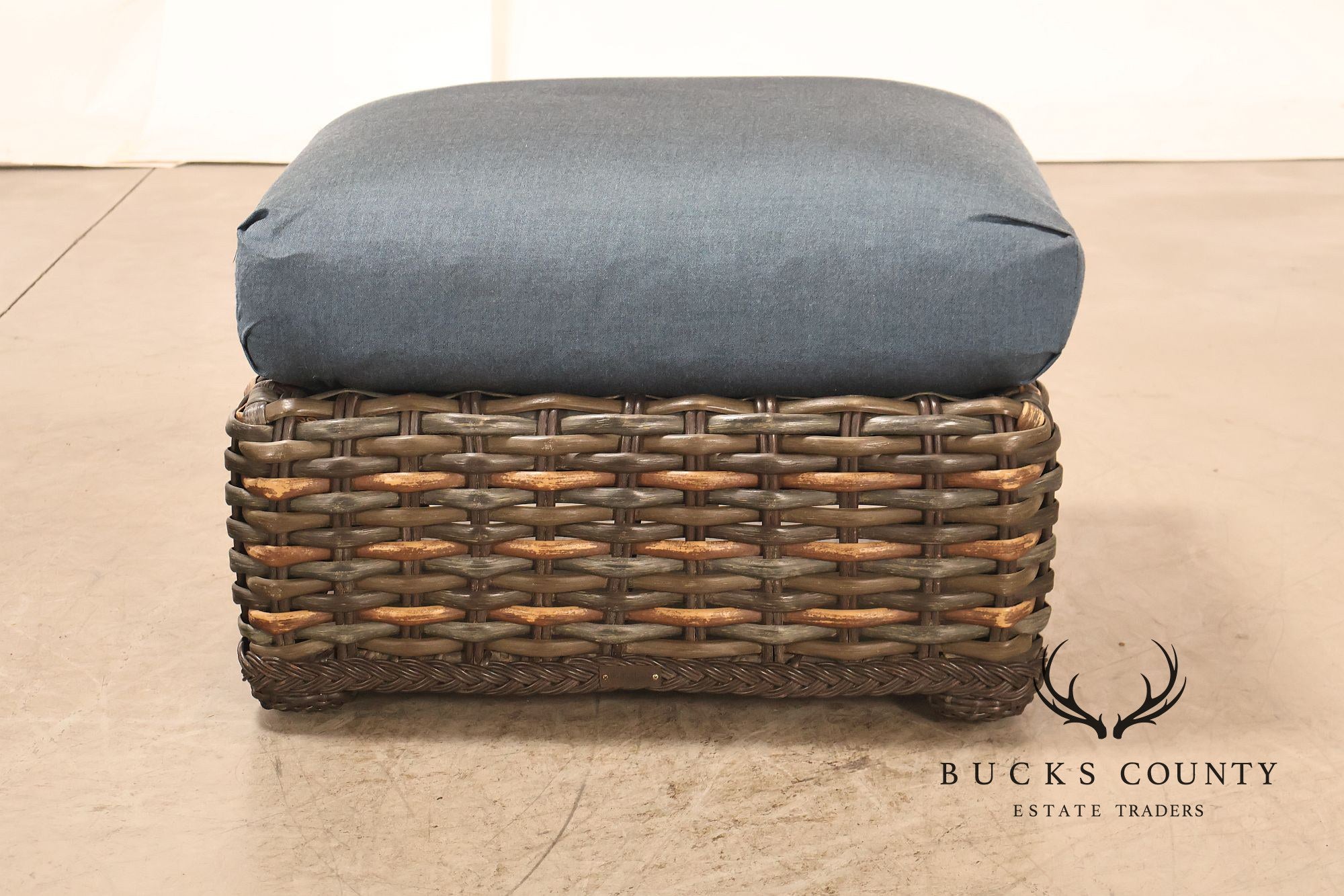 Lane Venture Weather Master Pair Of Woven Wicker Outdoor Ottomans With Blue Cushions
