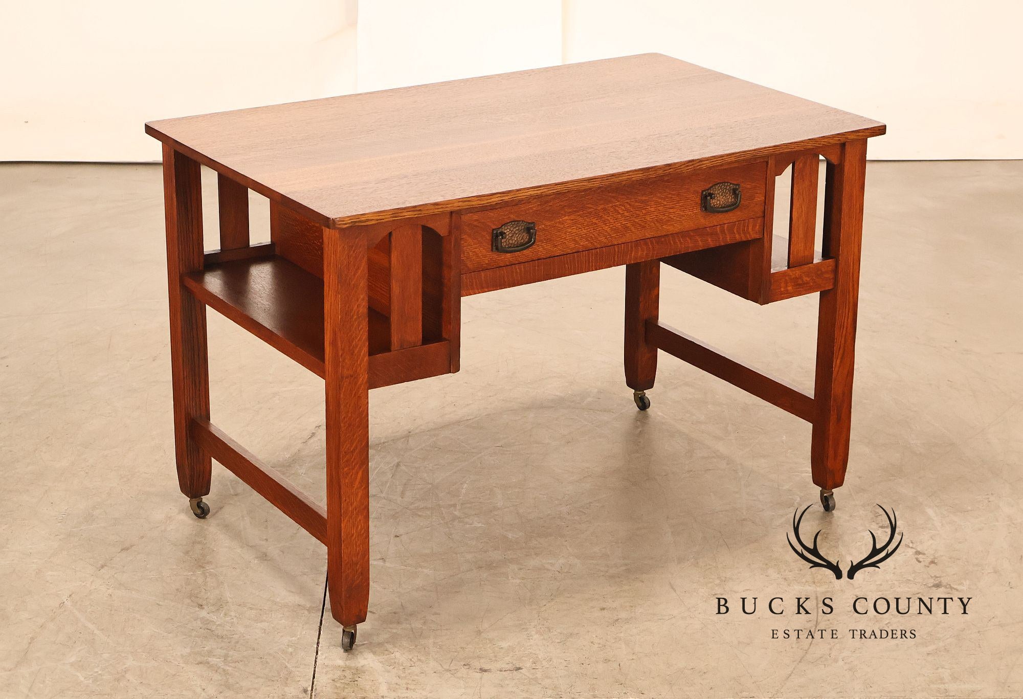 Antique Arts And Crafts Mission Oak Writing Desk With Built-In Side Bookcases