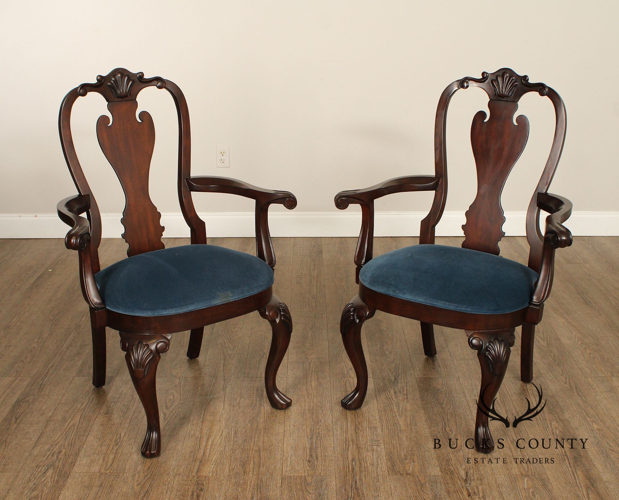 Ethan Allen Queen Anne Style Pair of Carved Mahogany Armchairs