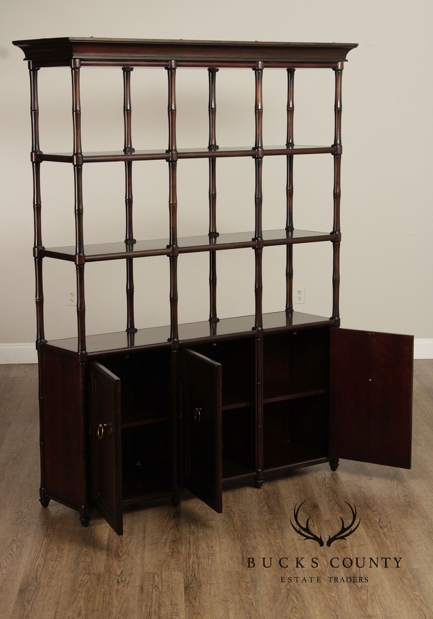 Faux Bamboo Large Mahogany Etagere Bookcase Cabinet