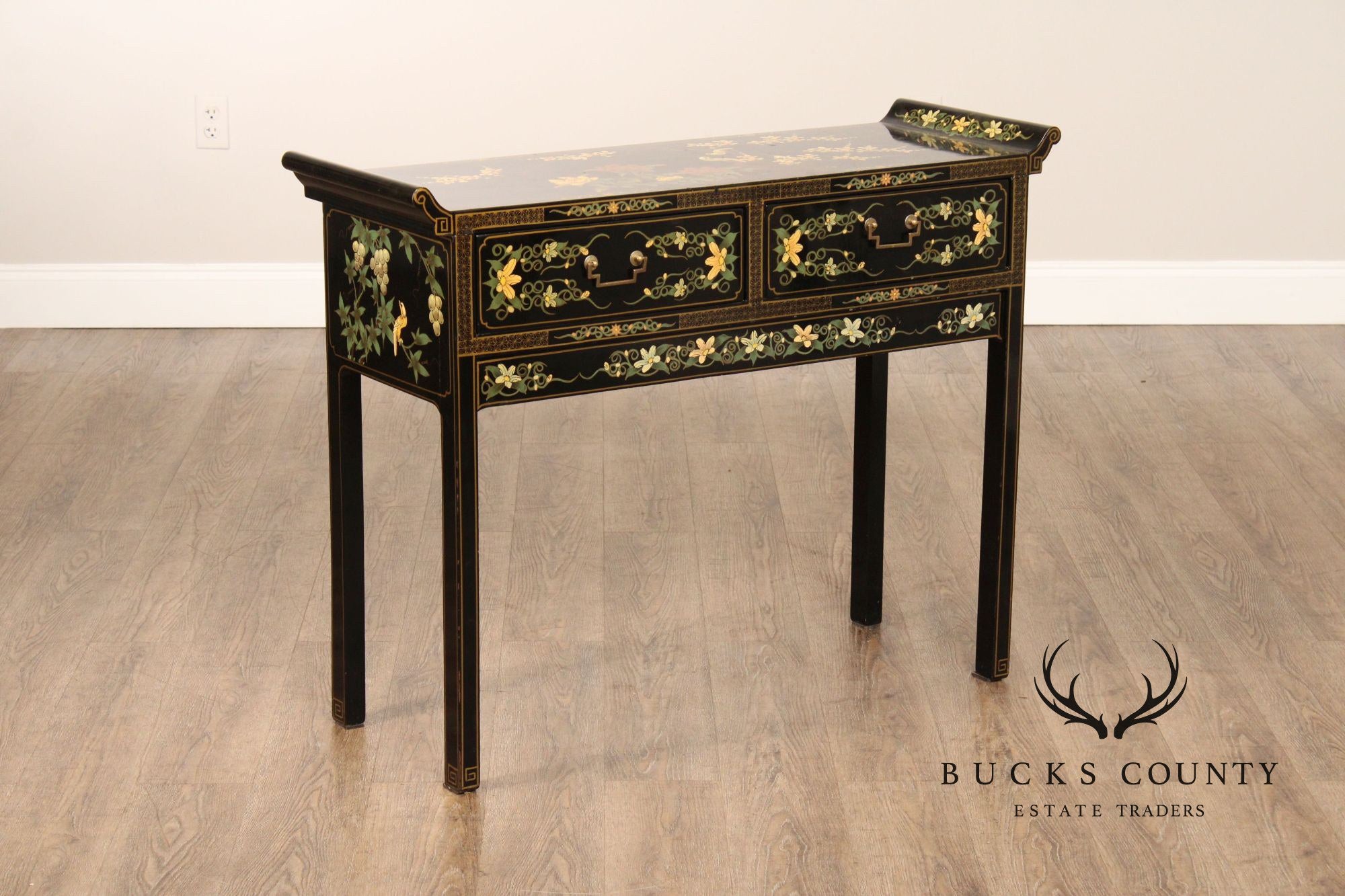 Chinoiserie Painted Vintage Black Lacquer Console Table