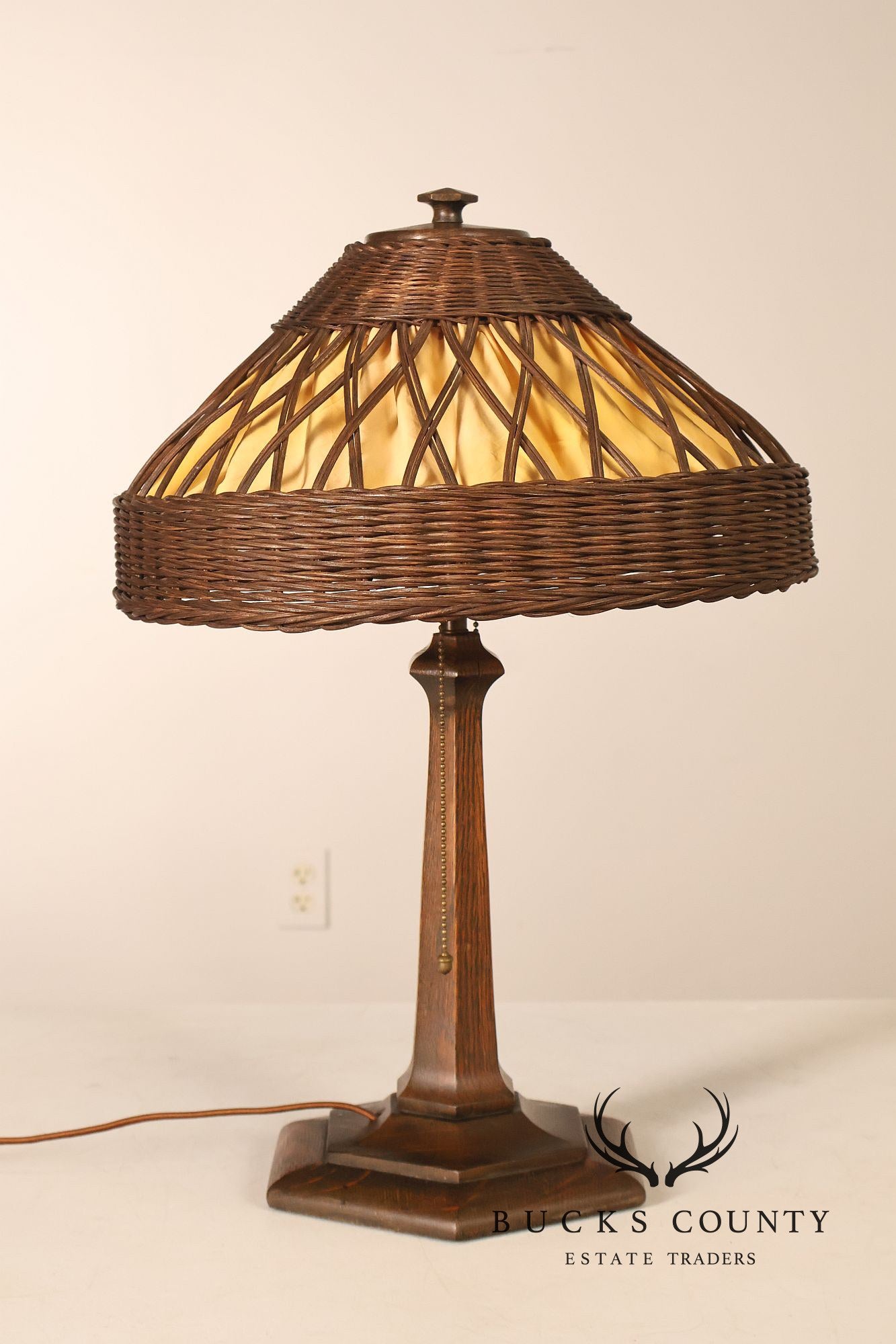 Antique Arts And Crafts Oak Table Lamp With Wicker Shade