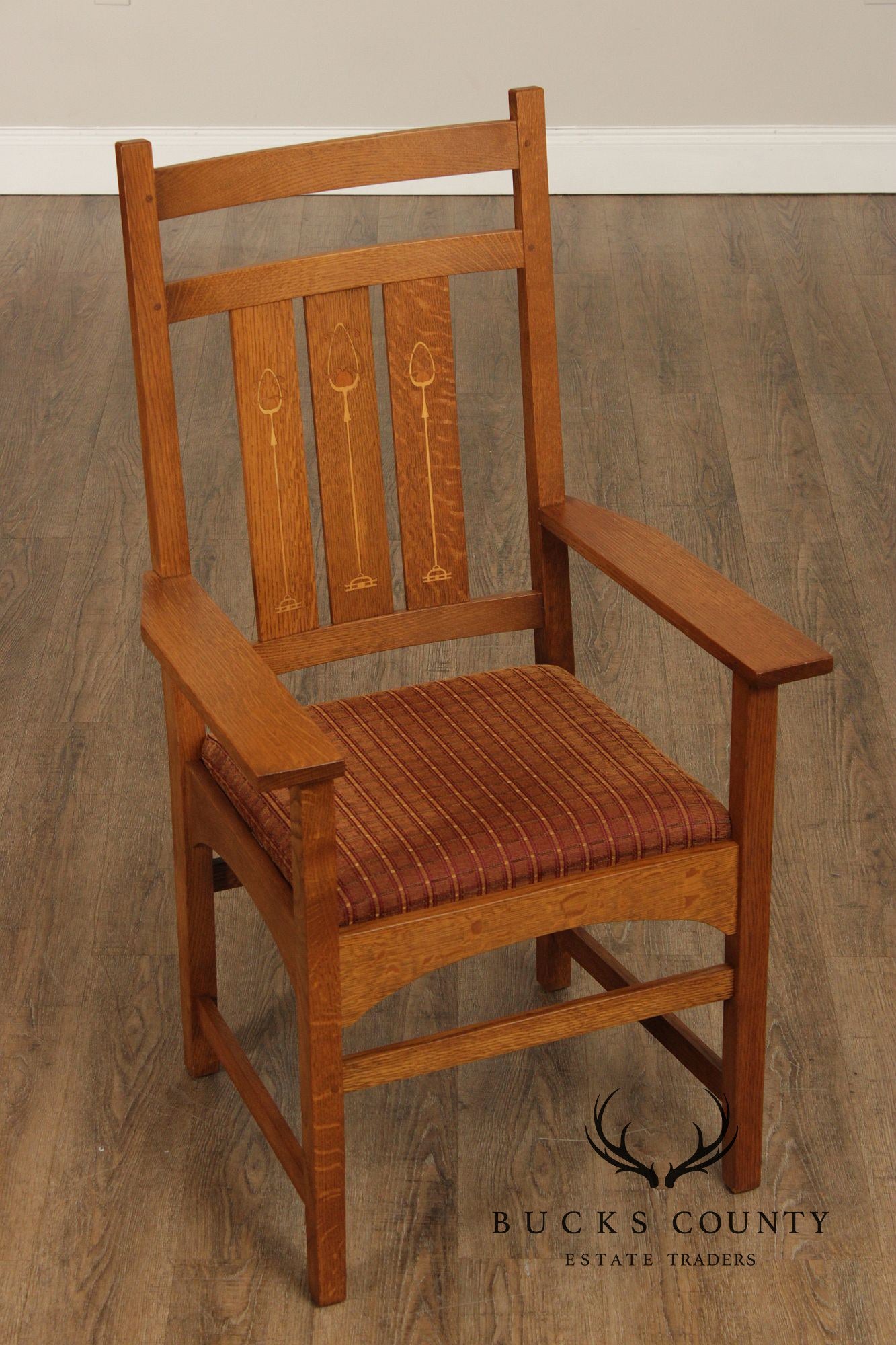 Stickley Mission Collection Set Of Four Harvey Ellis Oak Inlaid Dining Chairs