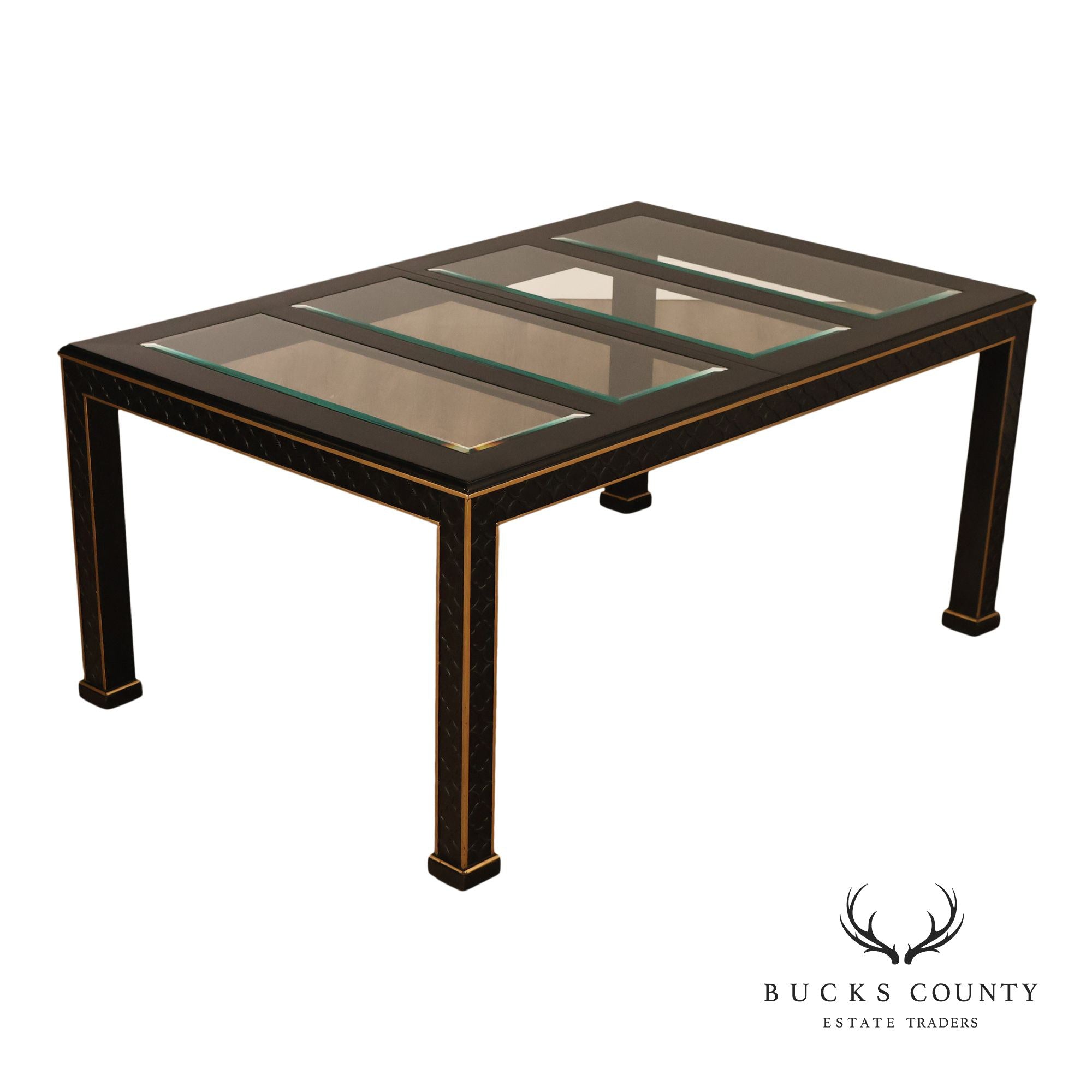 Chinese Chippendale Black Lacquered Dining Table With Two Leaves, Inset Glass