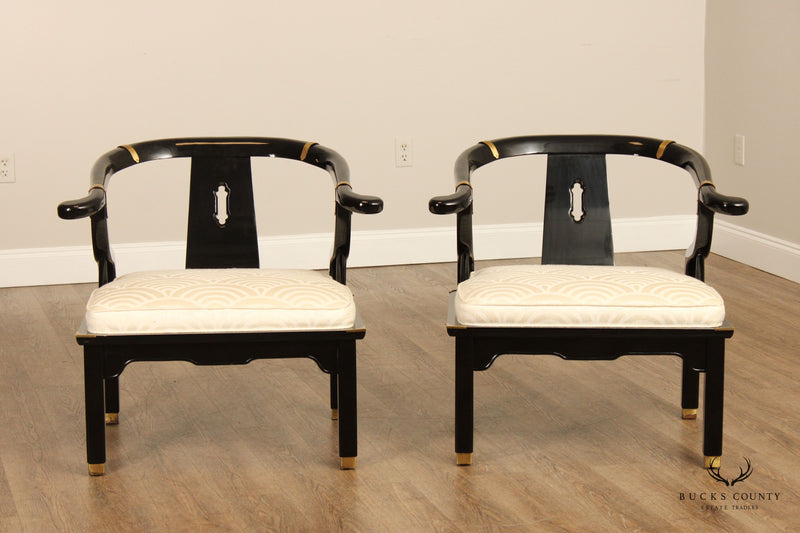 Century Chair Co. Vintage Pair Of Black Lacquer Ming Armchairs
