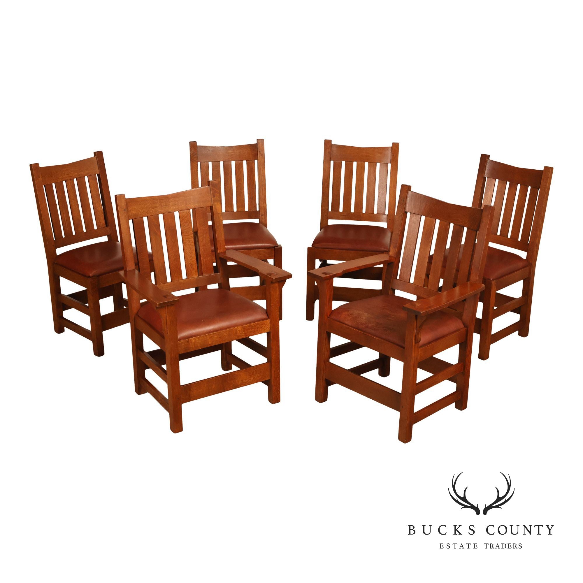 Stickley Mission Collection Set of Six Oak and Leather Dining Chairs