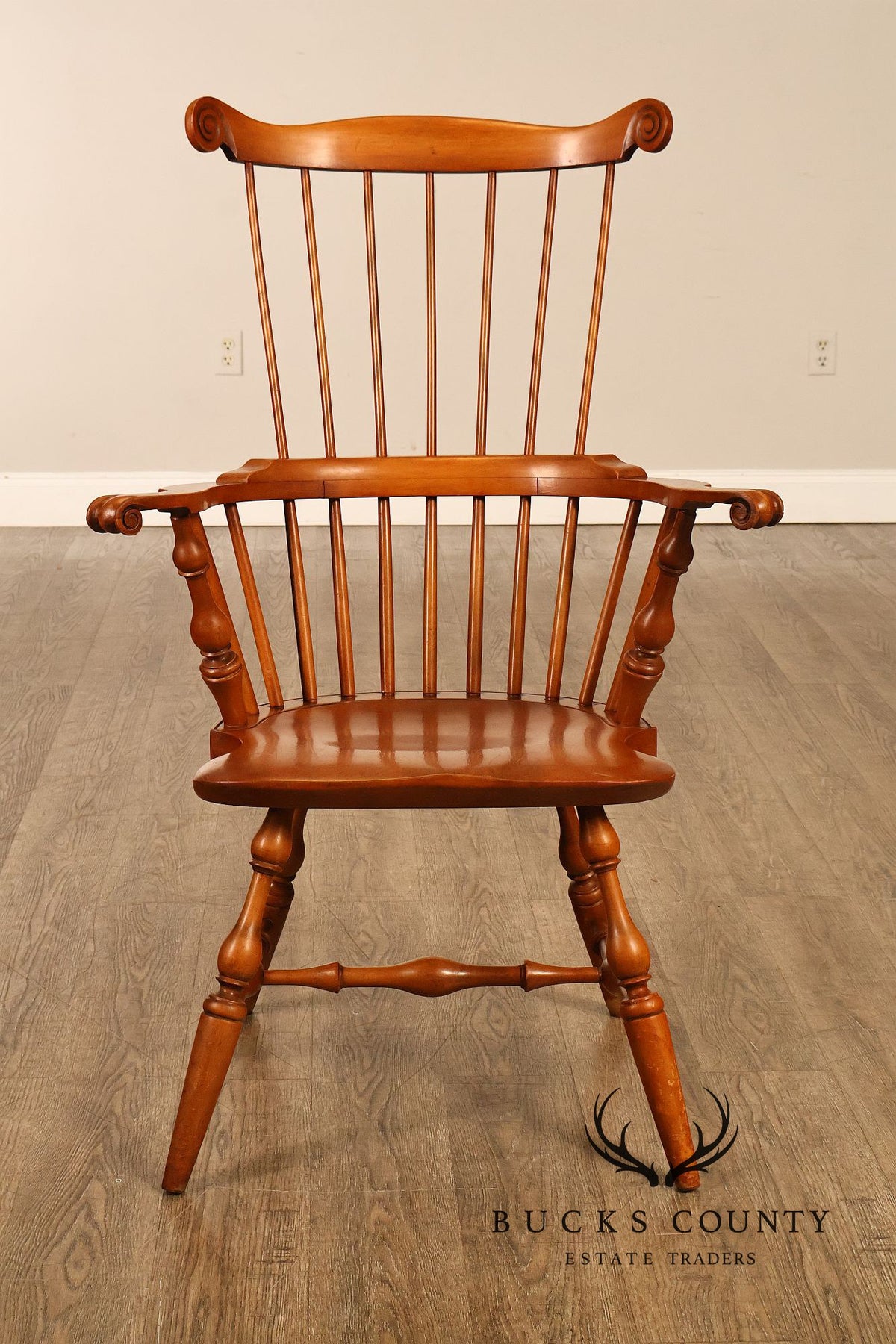 Conant Ball Maple Windsor Armchair With Scroll Crest Rail