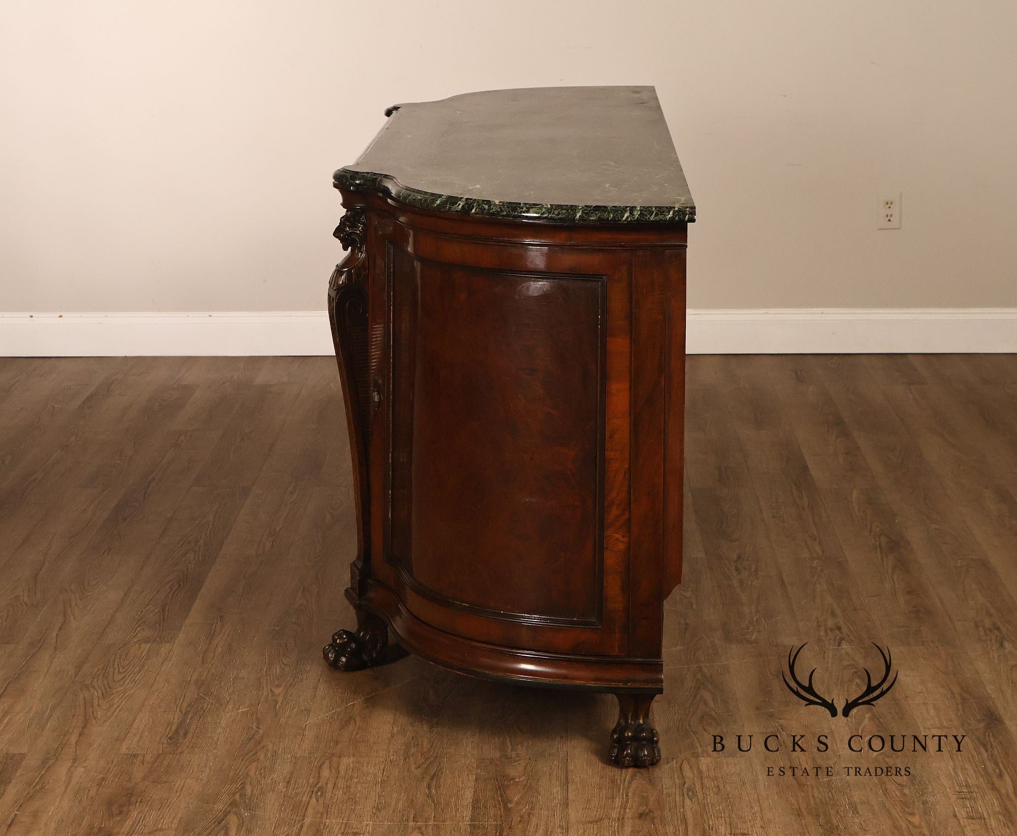 Antique Marble Top Mahogany Inlaid Figural Carved Buffet Sideboard