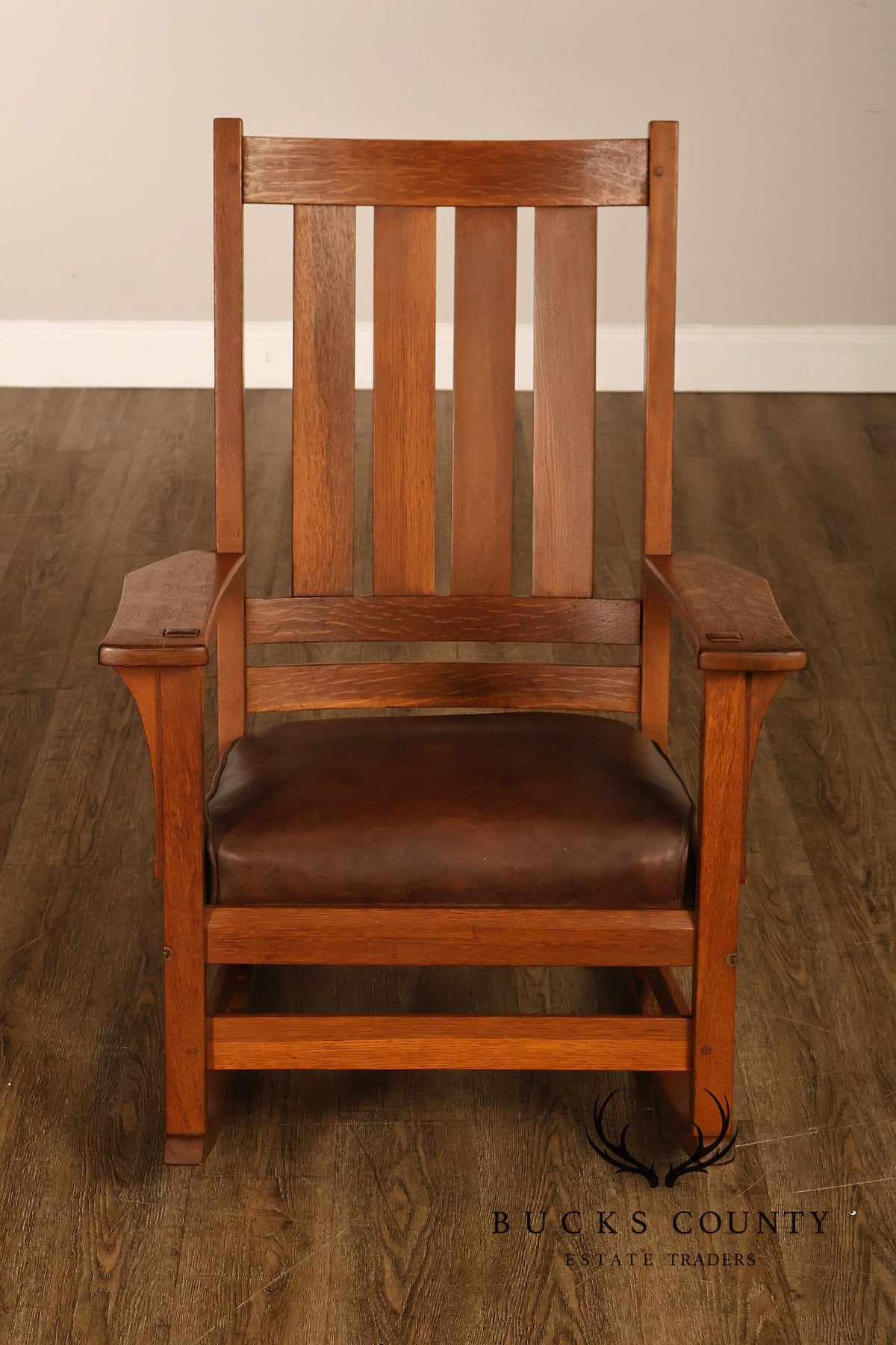 Antique L. & J.G. Stickley Mission Oak Slat Back Rocking Chair
