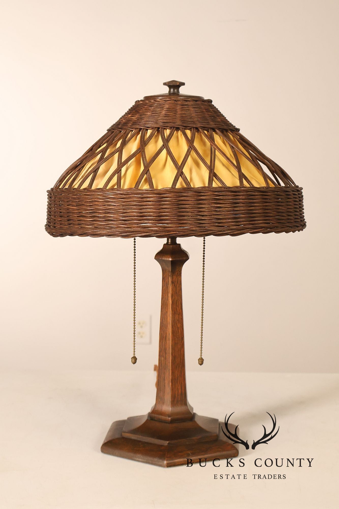 Antique Arts And Crafts Oak Table Lamp With Wicker Shade