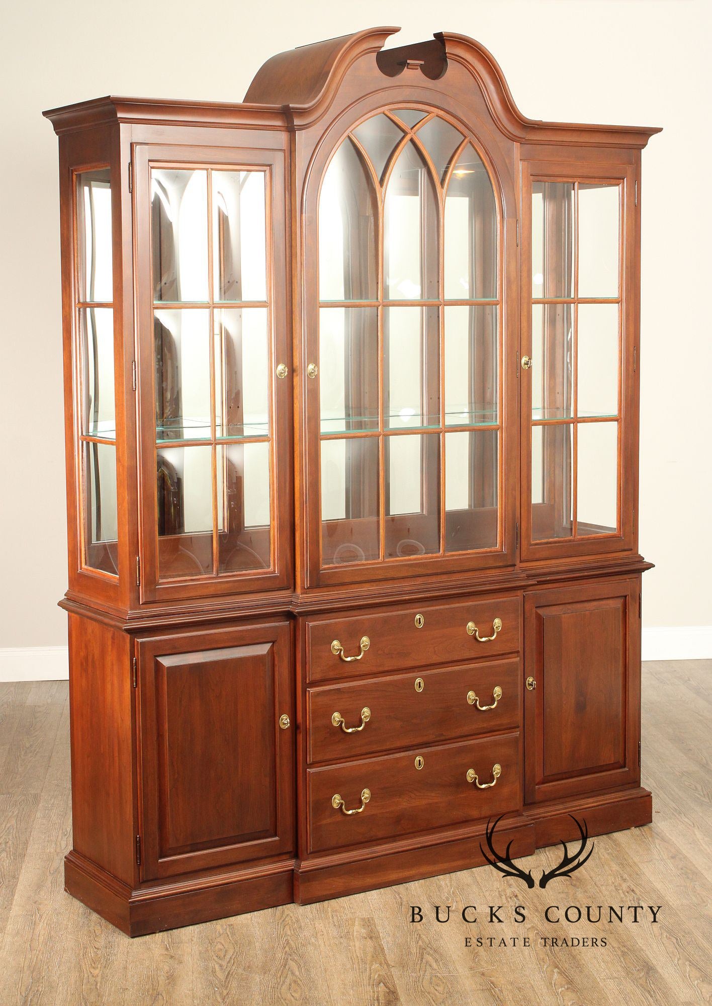 Ethan Allen Cherry Breakfront China Cabinet