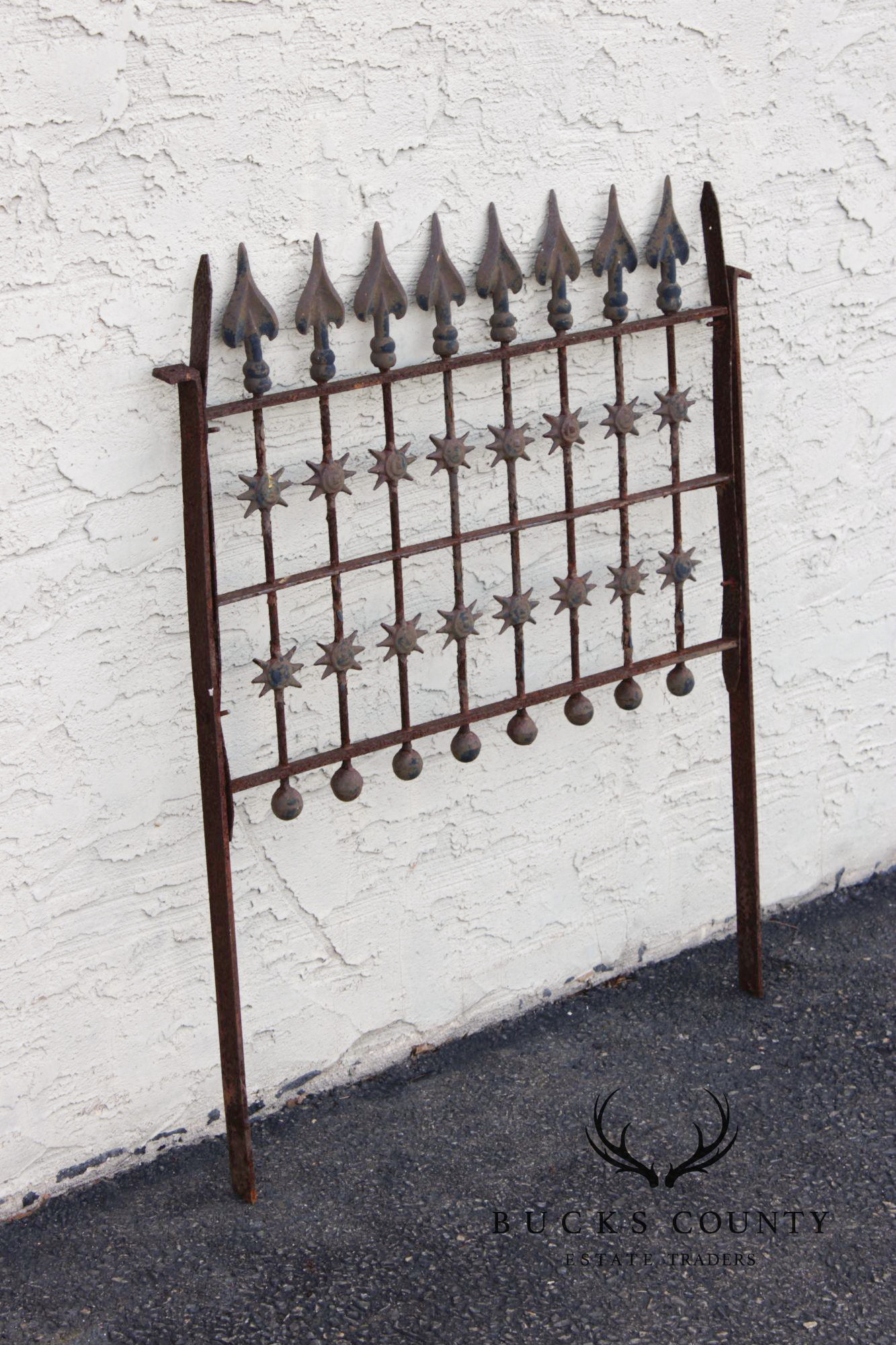Antique Cast Iron Garden Fence Section With Spear Finials And Star Motif