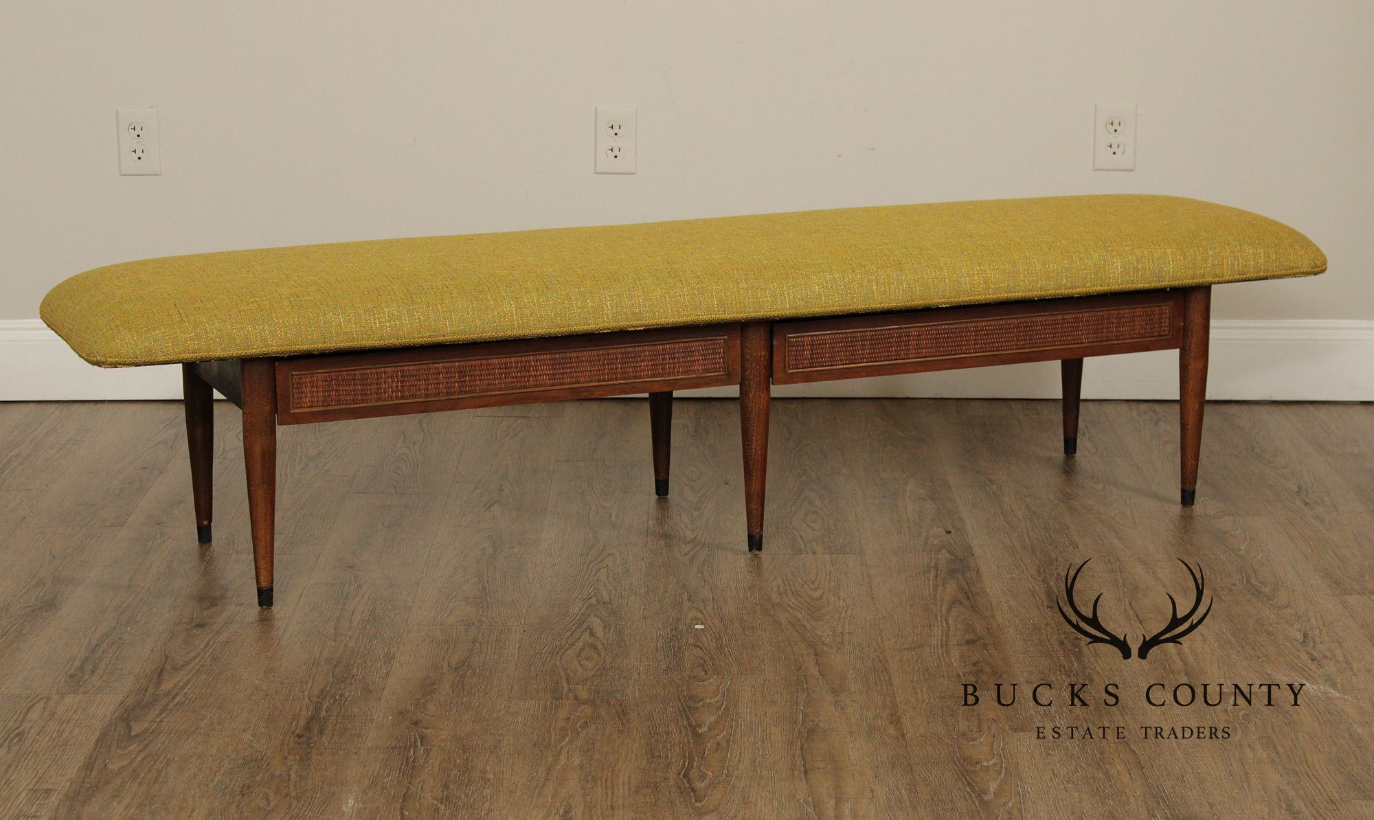 American of Martinsville Mid Century Modern Walnut and Rattan Bench